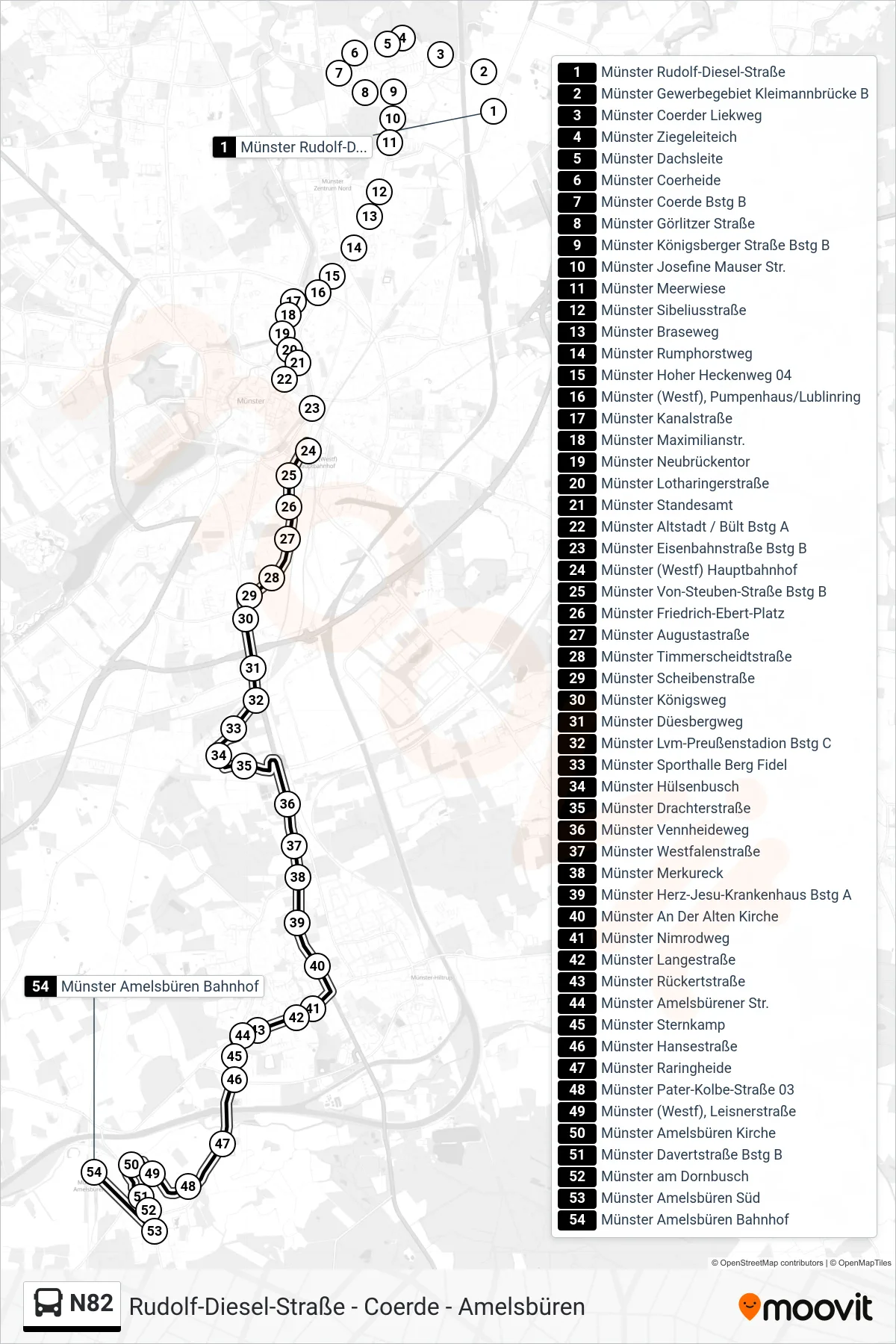 N82 bus Line (Amelsbüren) route and stops on a map