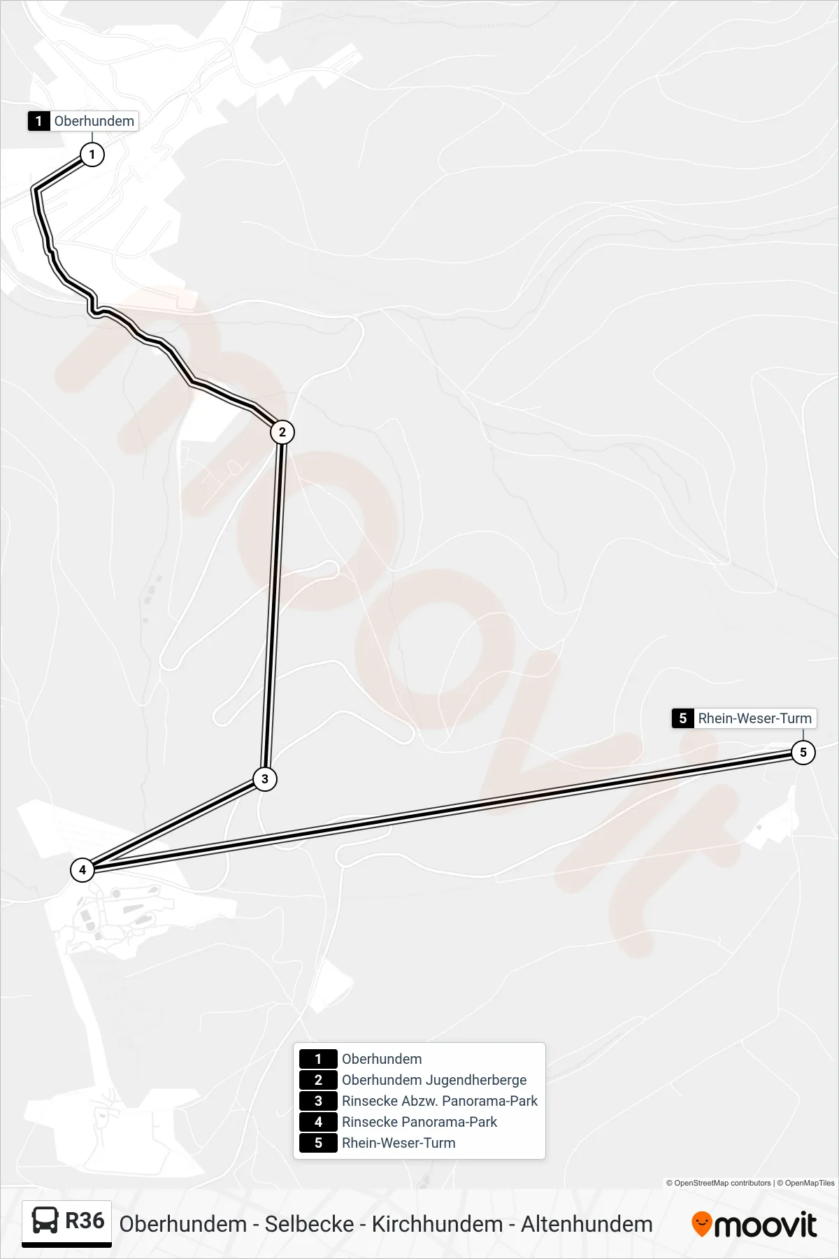 R36 bus Line (Rhein-Weser-Turm) route and stops on a map