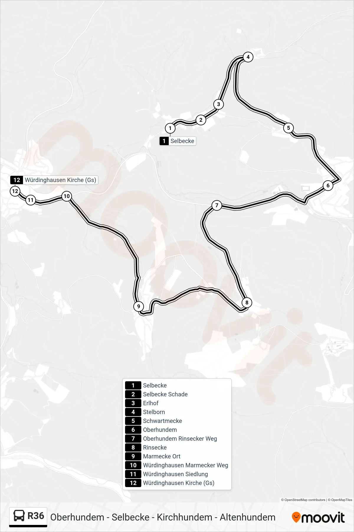 R36 bus Line (Würdinghausen Kirche (Gs)) route and stops on a map