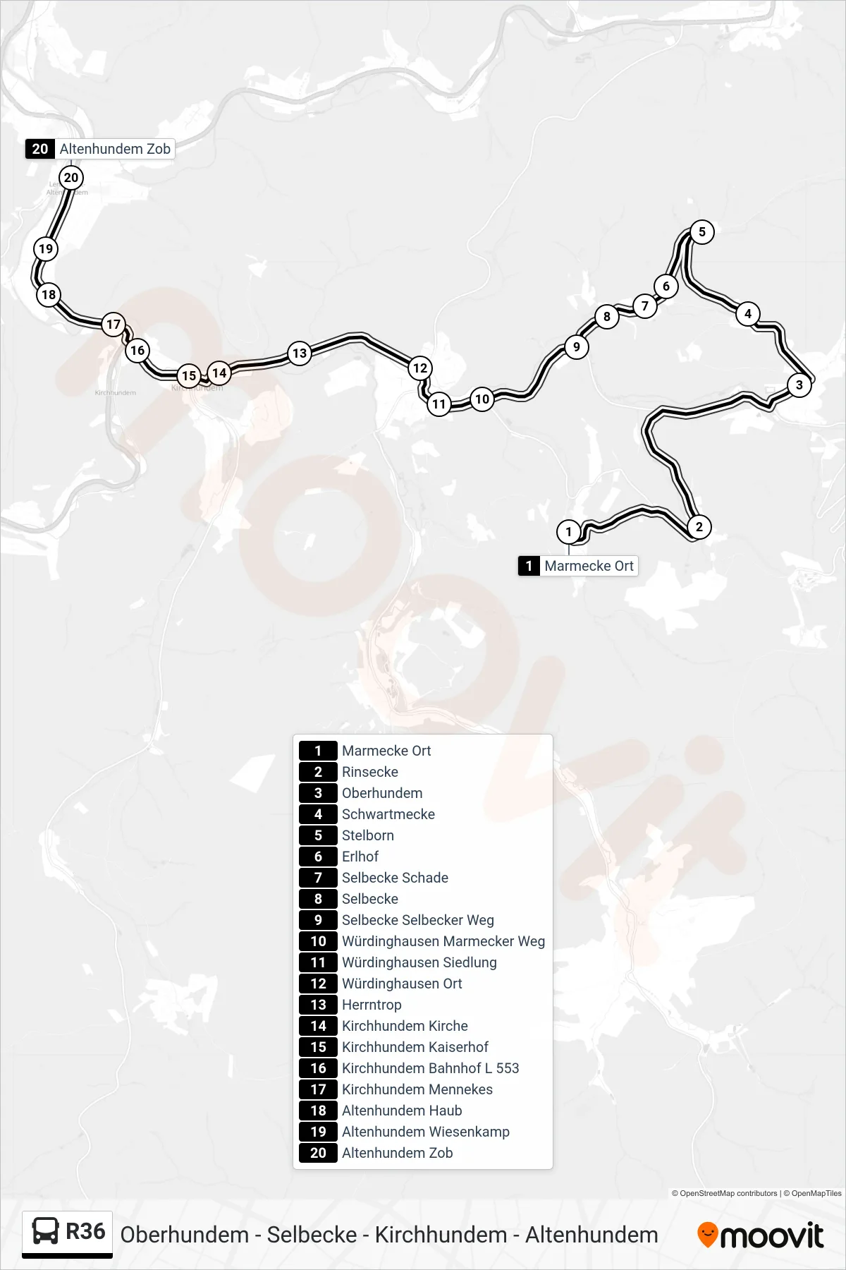 R36 bus Line (Altenhundem Zob Bstg 2a) route and stops on a map