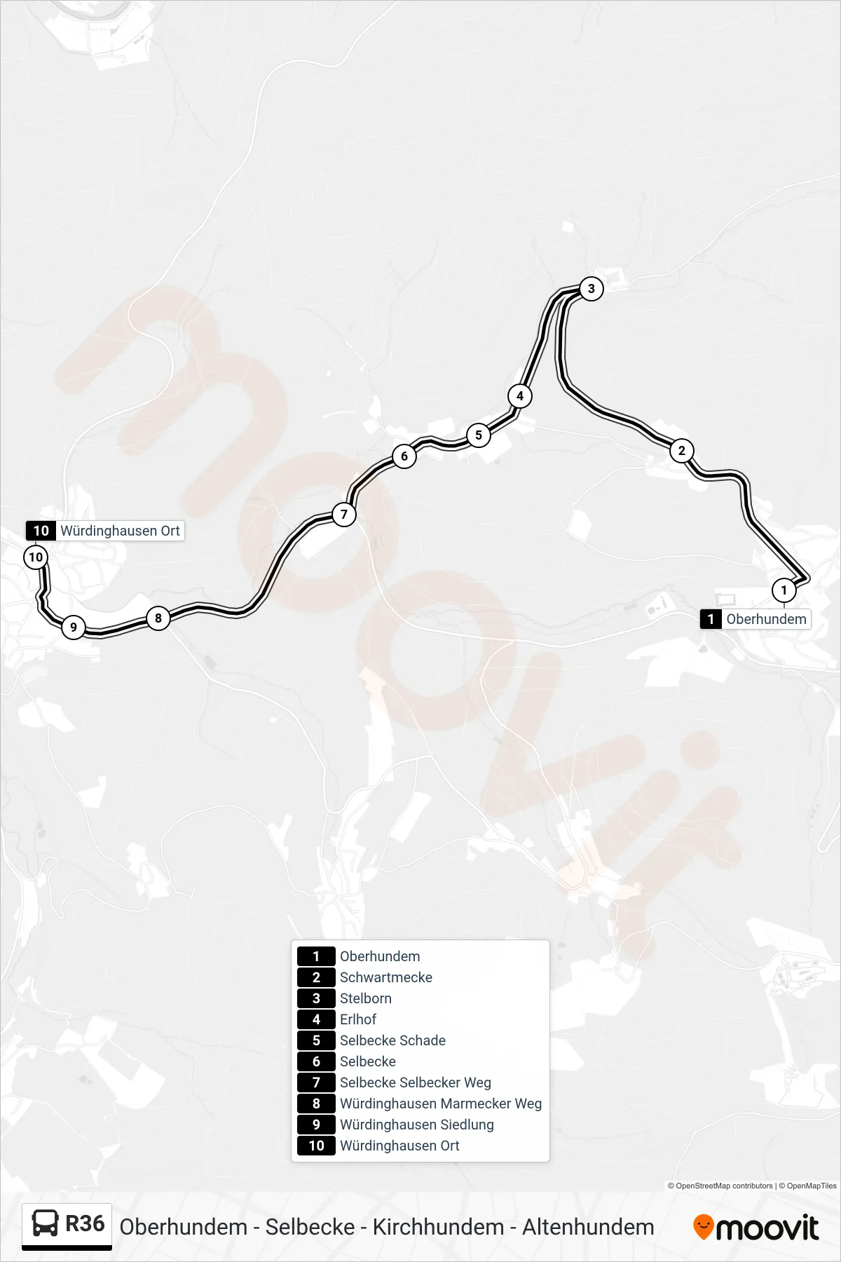R36 bus Line (Würdinghausen Ort) route and stops on a map