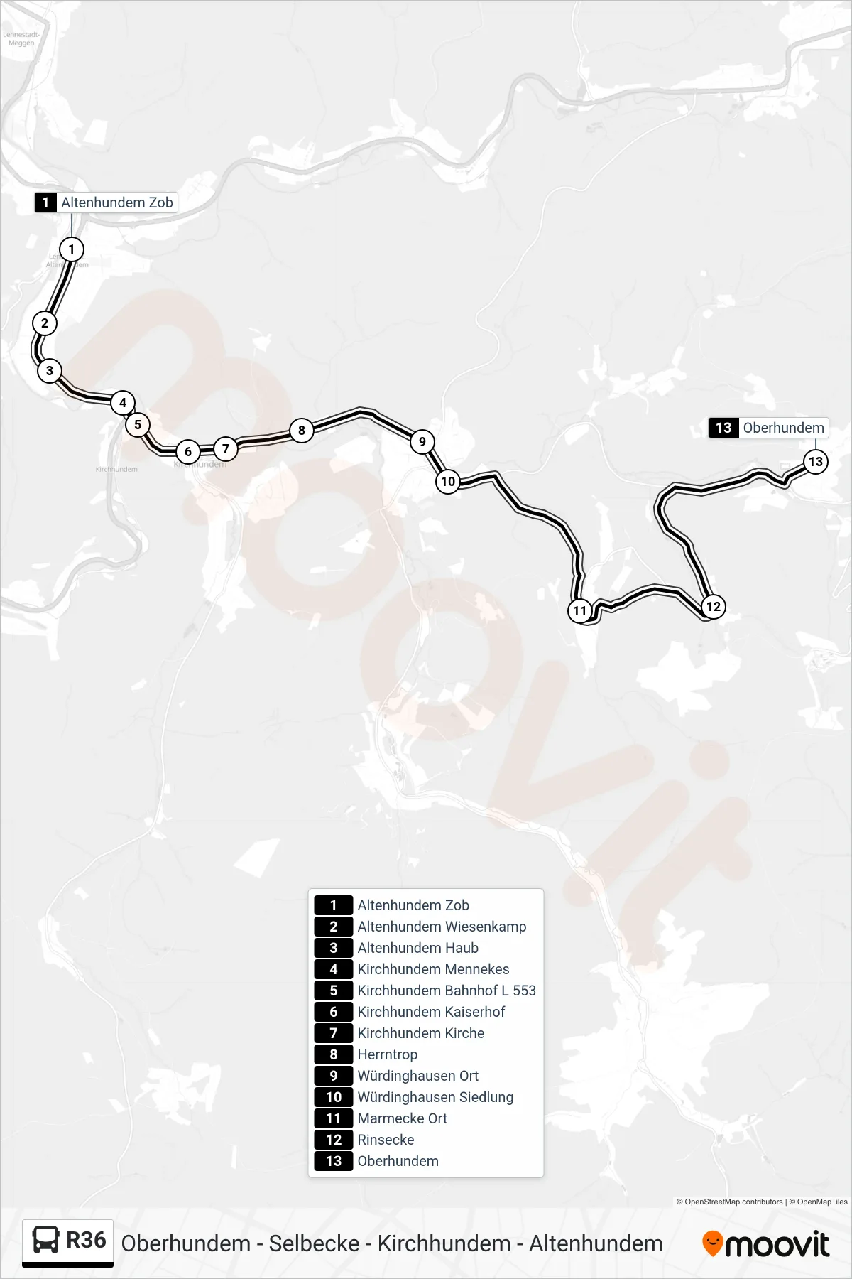R36 bus Line (Oberhundem) route and stops on a map