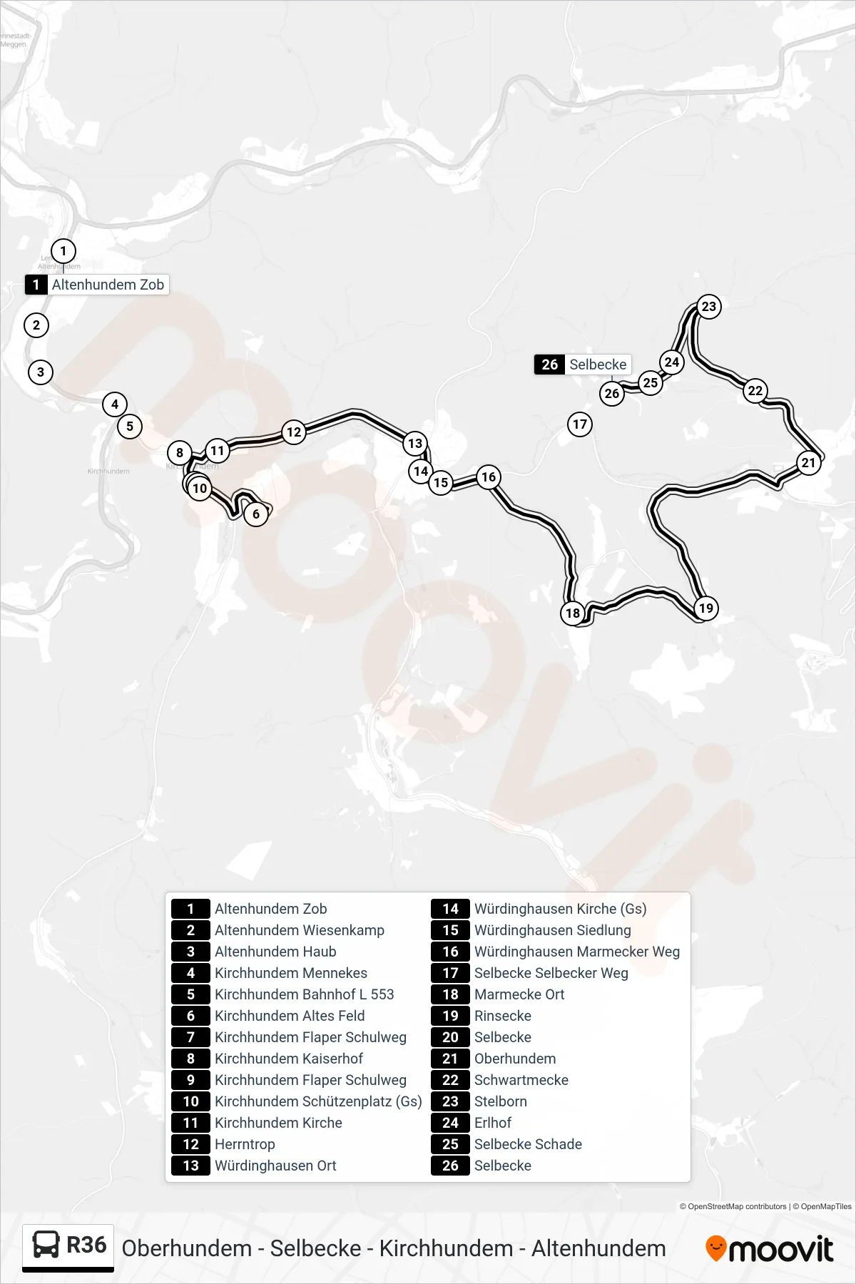 R36 bus Line (Selbecke) route and stops on a map