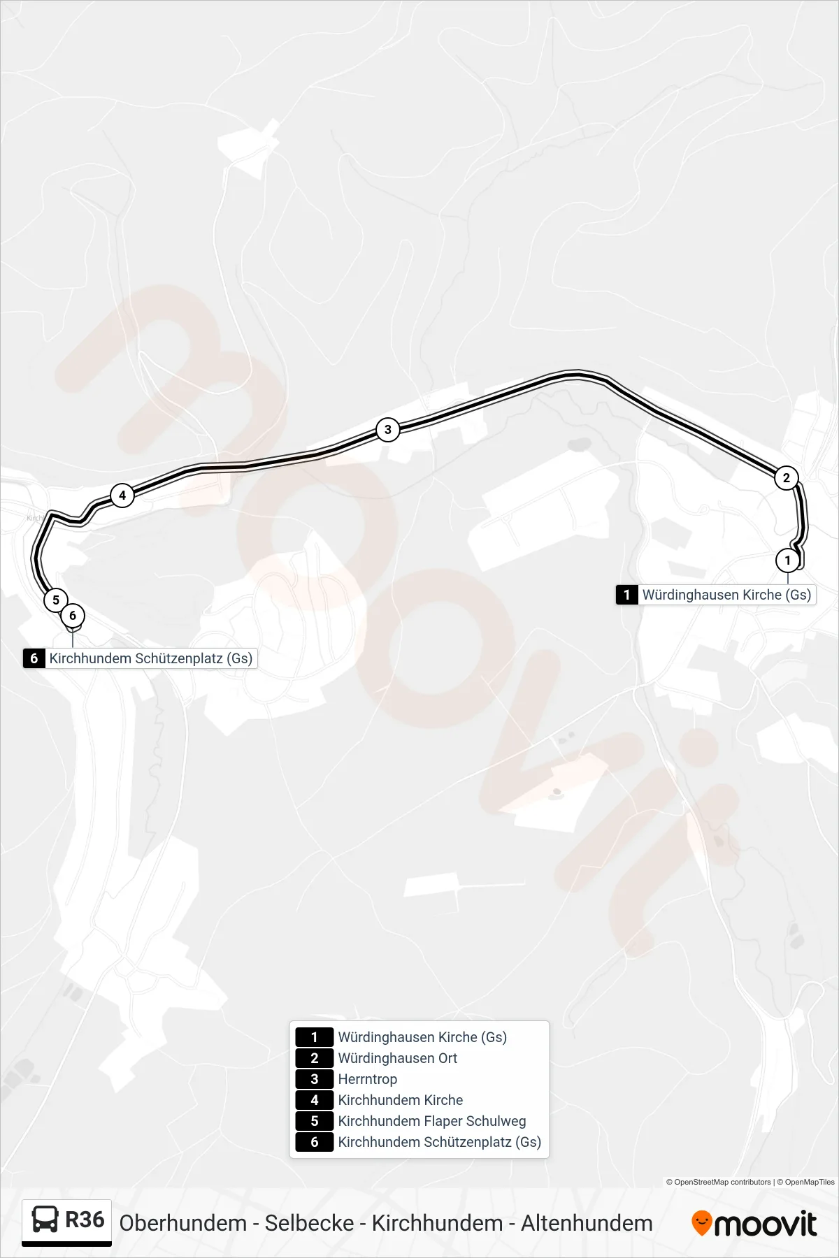 Linie R36 (Bus) Richtung Kirchhundem Schützenplatz (Gs): Route und Haltestellen auf der Karte