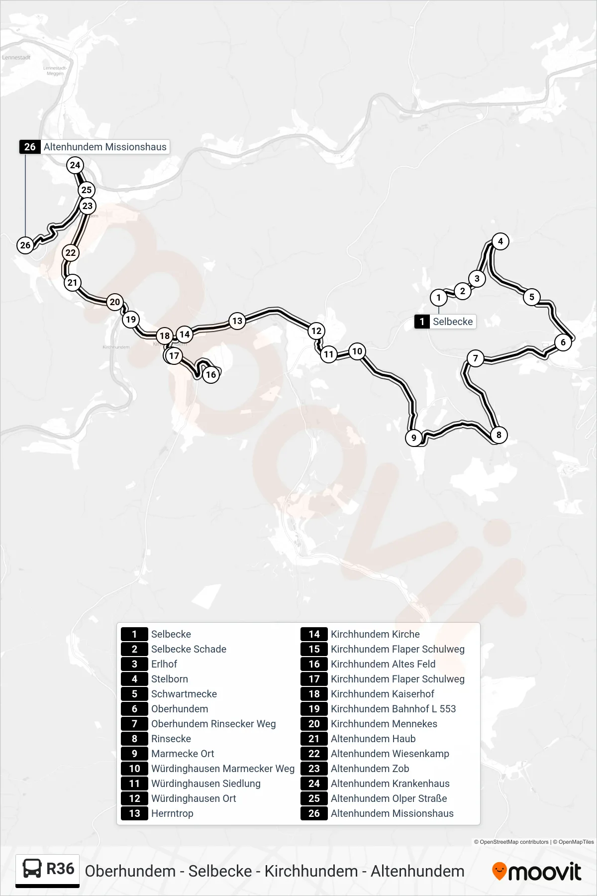 R36 bus Line (Altenhundem Missionshaus) route and stops on a map
