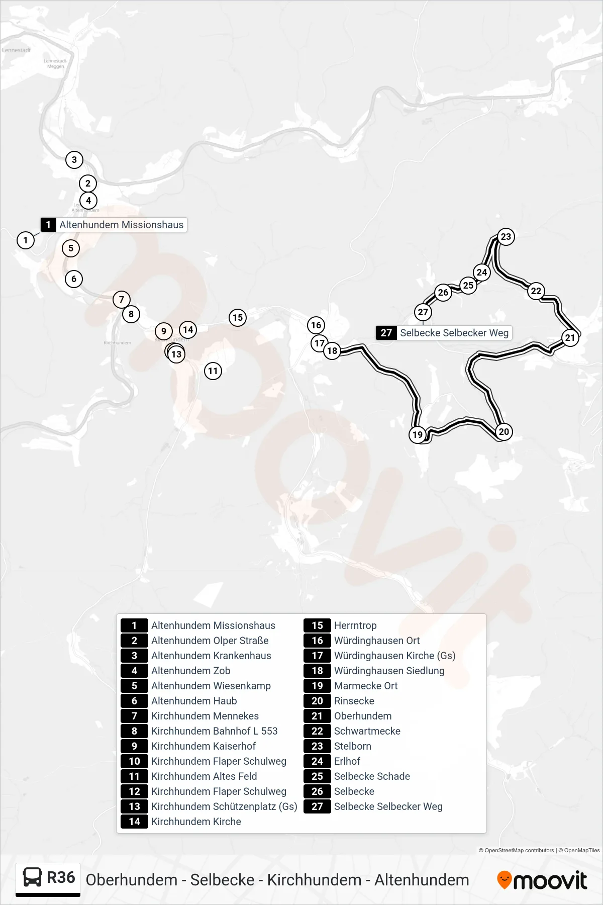 R36 bus Line (Selbecke Selbecker Weg) route and stops on a map