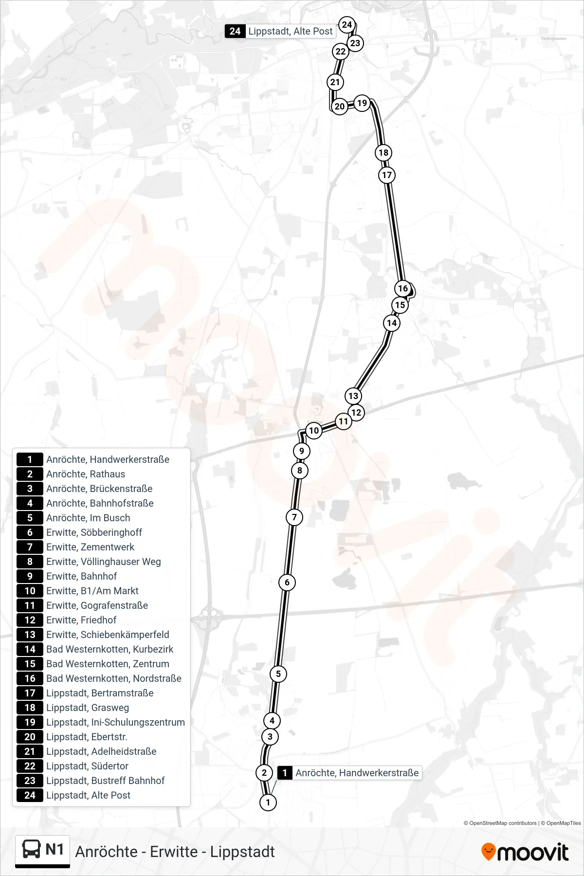 N1 bus Line (Lippstadt, Alte Post) route and stops on a map