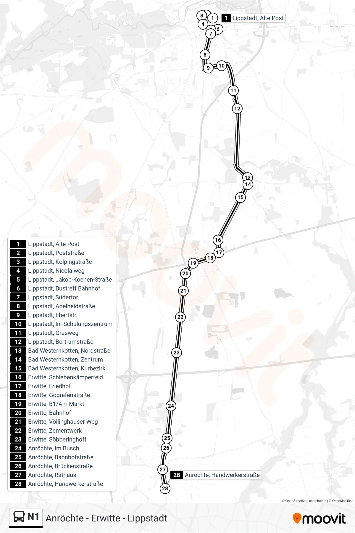 Linie N1 (Bus) Richtung Anröchte, Handwerkerstraße: Route und Haltestellen auf der Karte