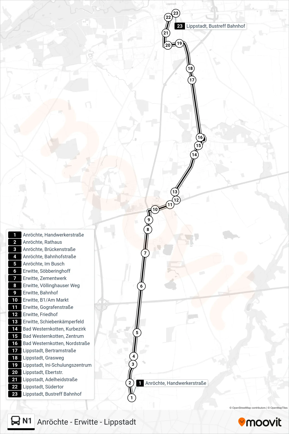 N1 bus Line (Lippstadt, Bustreff Bahnhof E) route and stops on a map