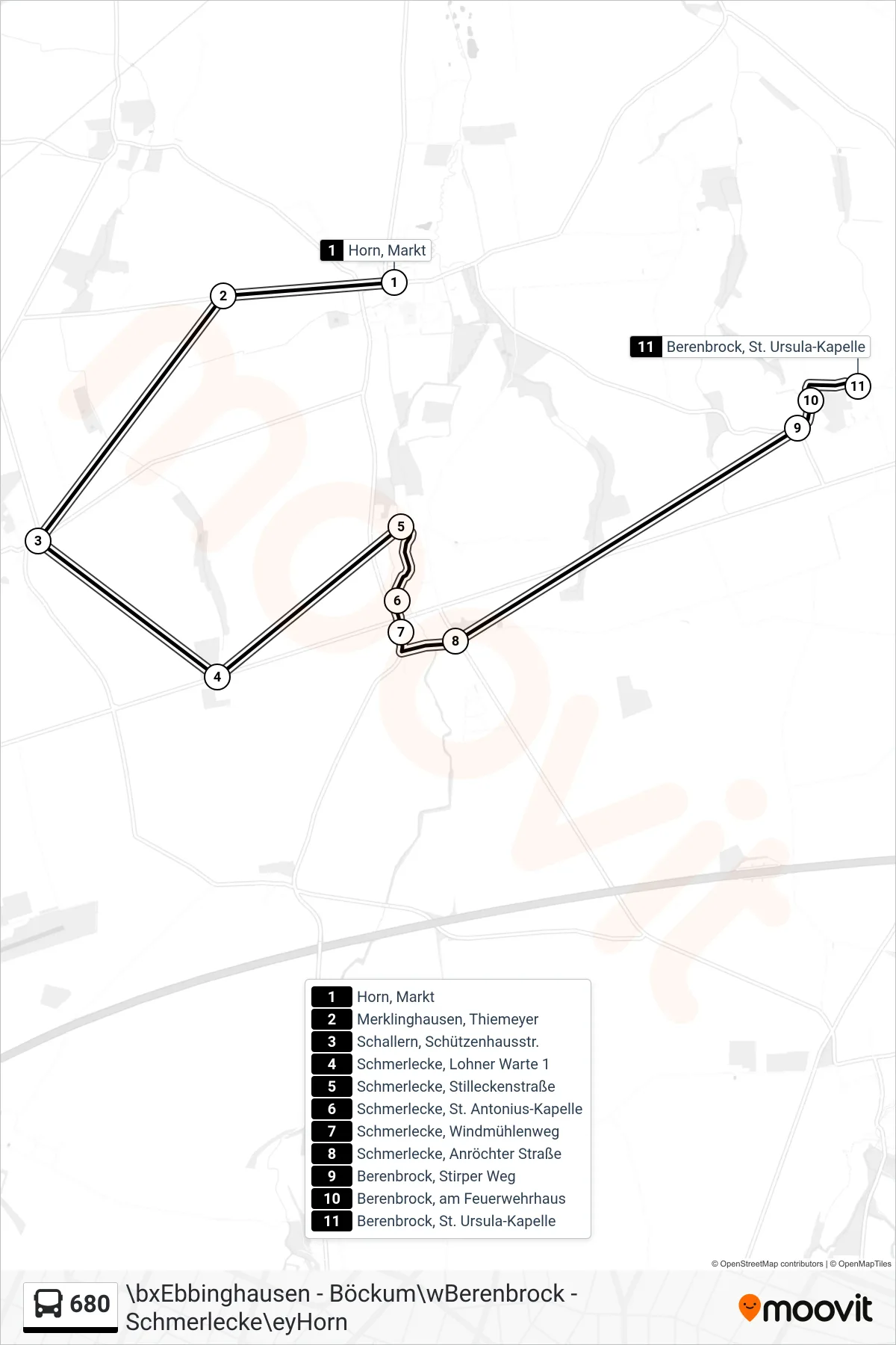 680 bus Line (Berenbrock, St. Ursula-Kapelle) route and stops on a map