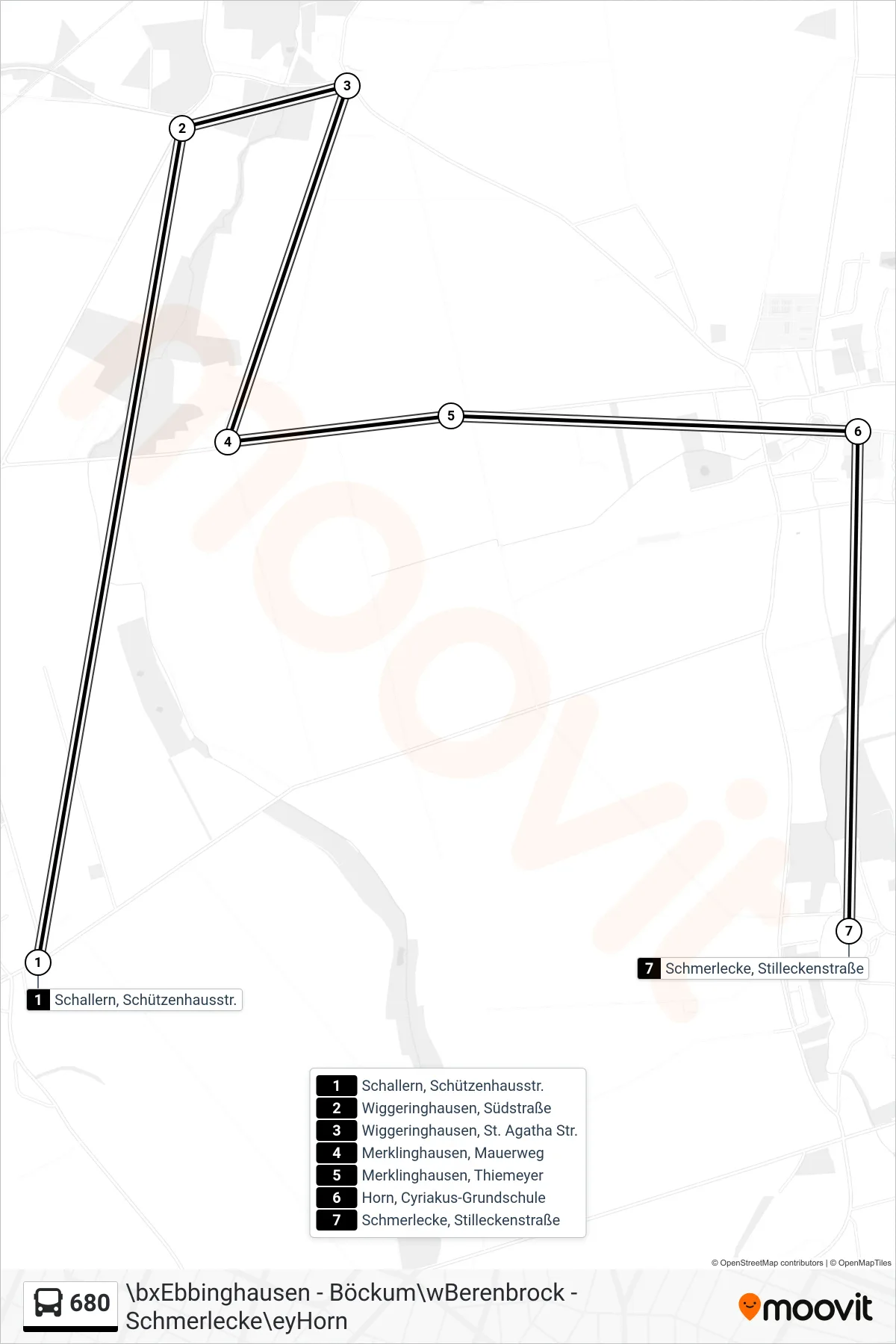 680 bus Line (Schmerlecke, Stilleckenstraße) route and stops on a map