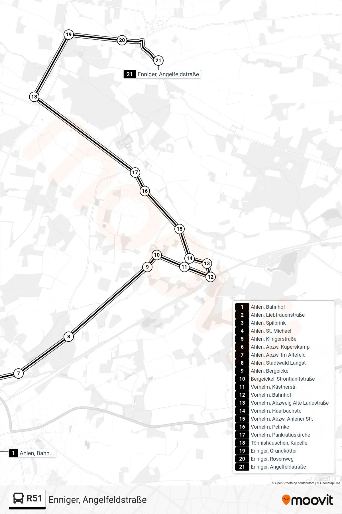 R51 tram Line (Enniger, Angelfeldstraße) route and stops on a map