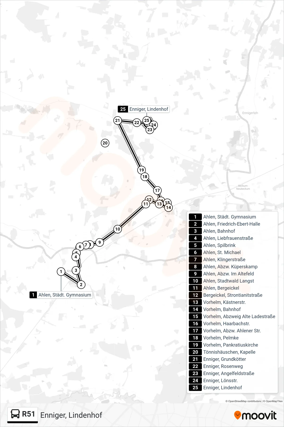 R51 tram Line (Enniger, Lindenhof) route and stops on a map