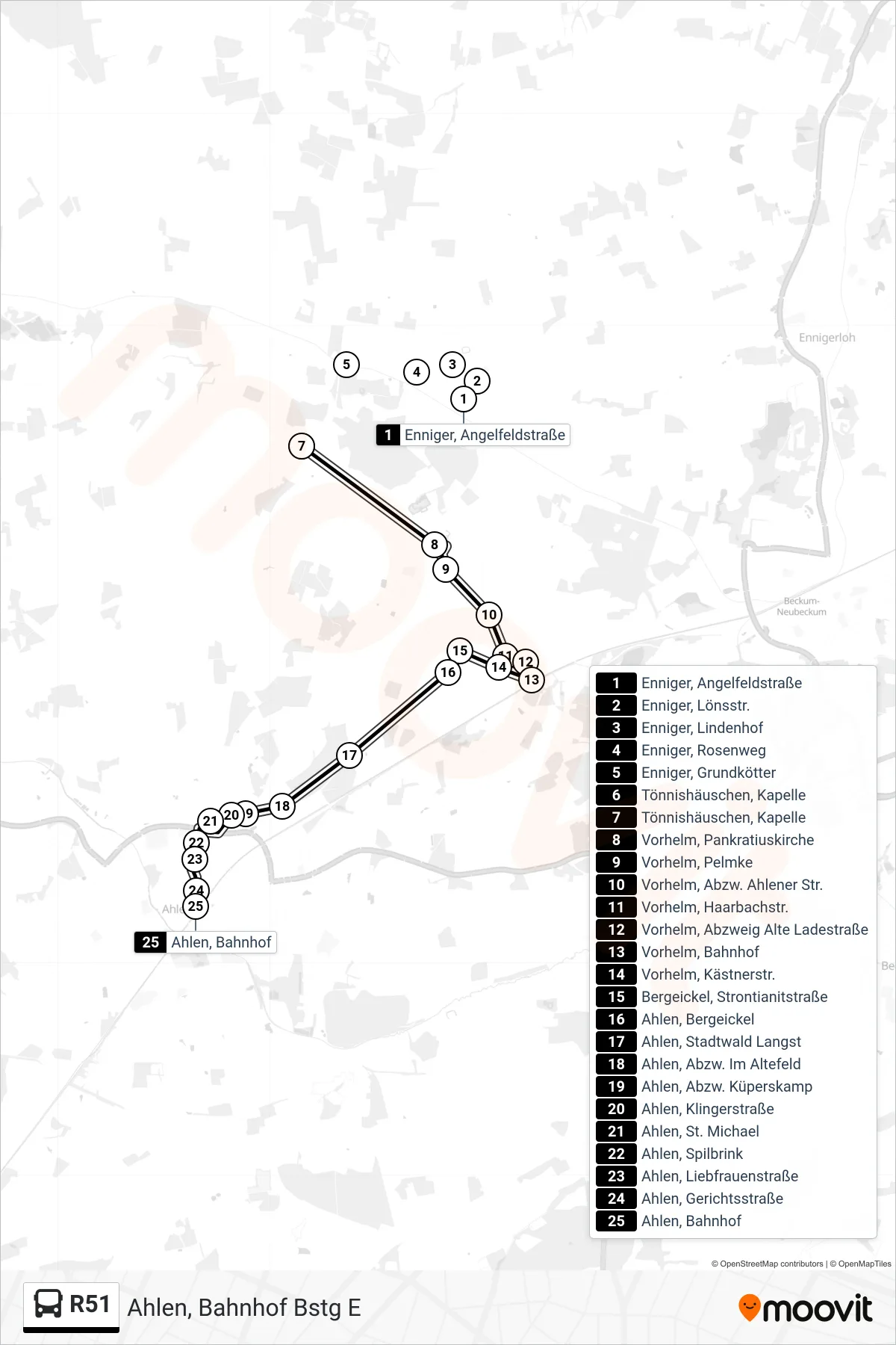 R51 tram Line (Ahlen, Bahnhof Bstg E) route and stops on a map