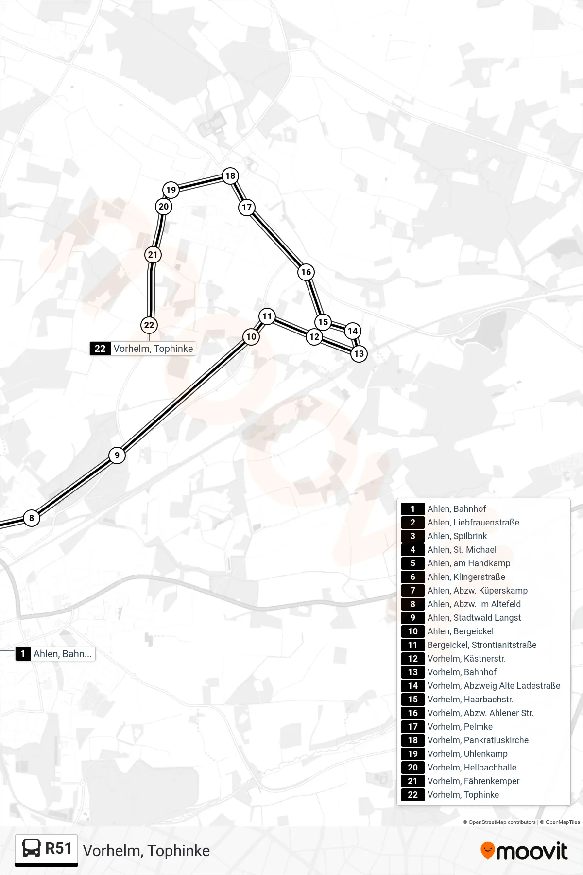 R51 tram Line (Vorhelm, Tophinke) route and stops on a map