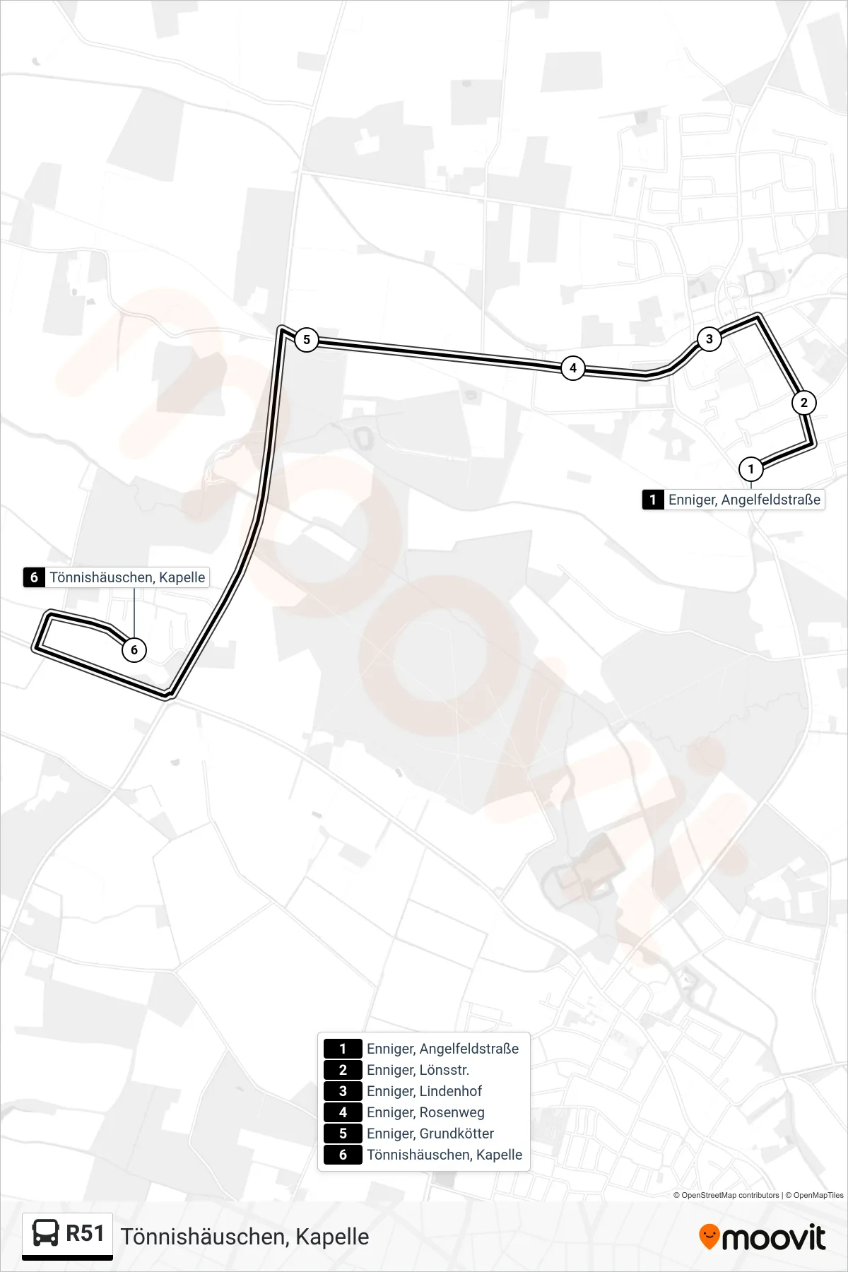 R51 tram Line (Tönnishäuschen, Kapelle) route and stops on a map
