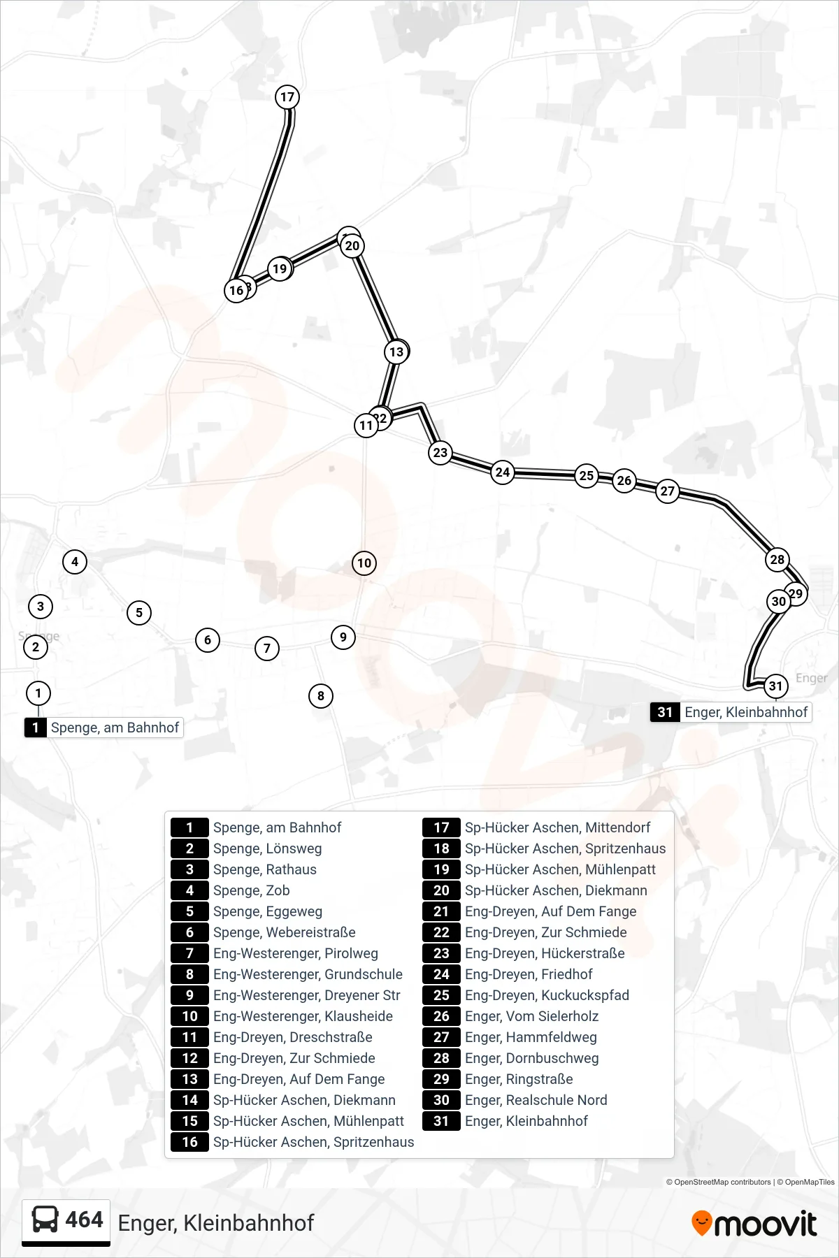 464 bus Line (Enger, Kleinbahnhof) route and stops on a map