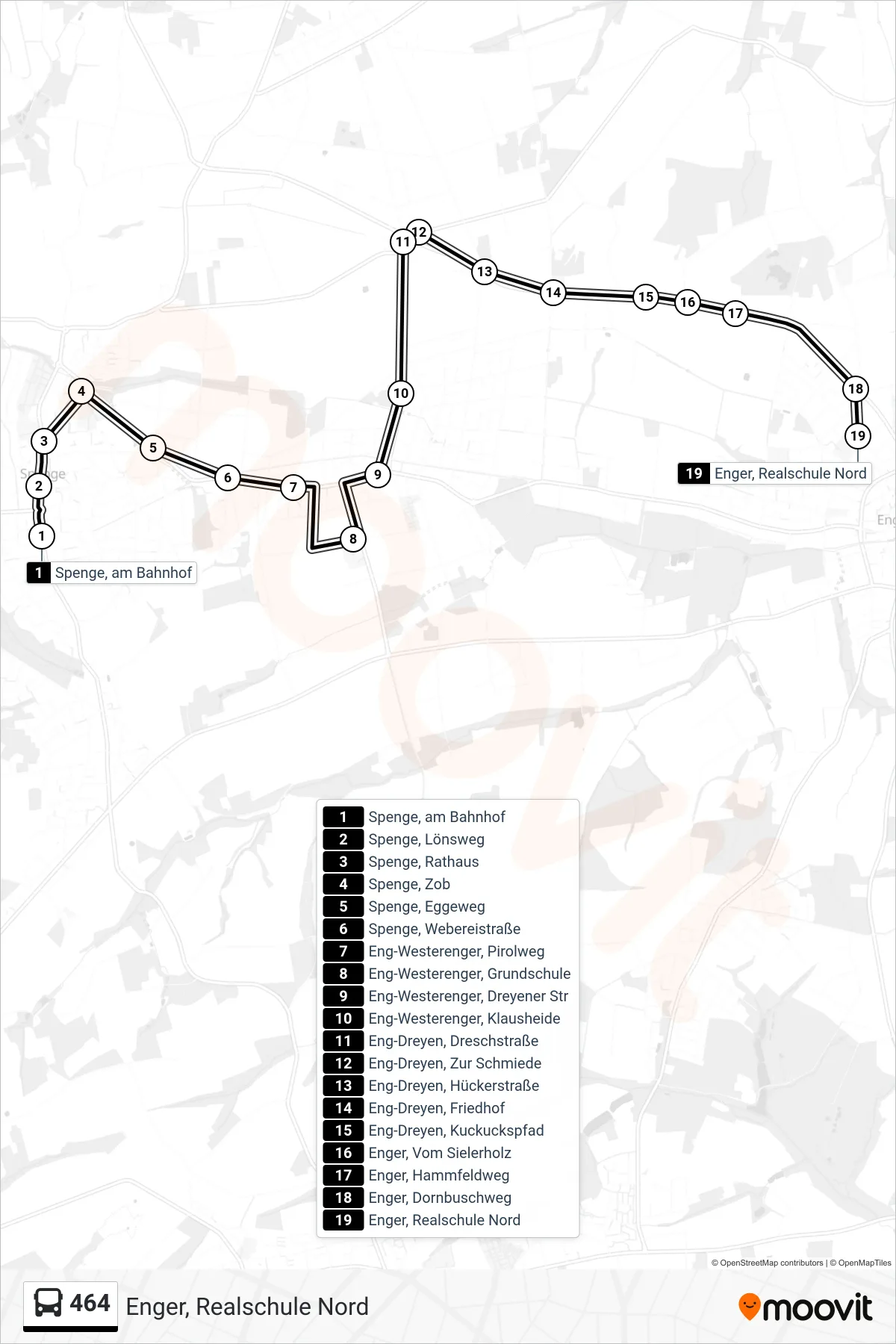 464 bus Line (Enger, Realschule Nord) route and stops on a map