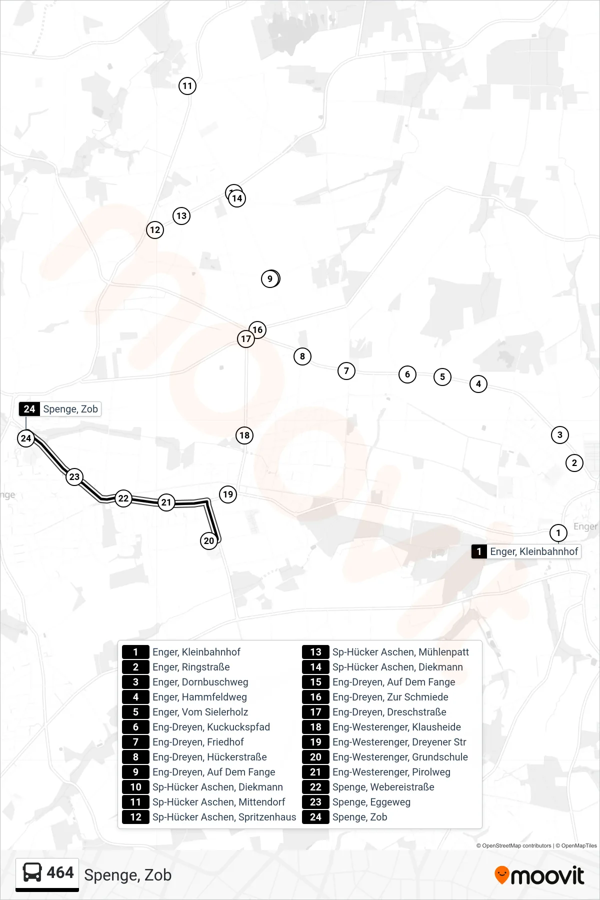 464 bus Line (Spenge, Zob) route and stops on a map
