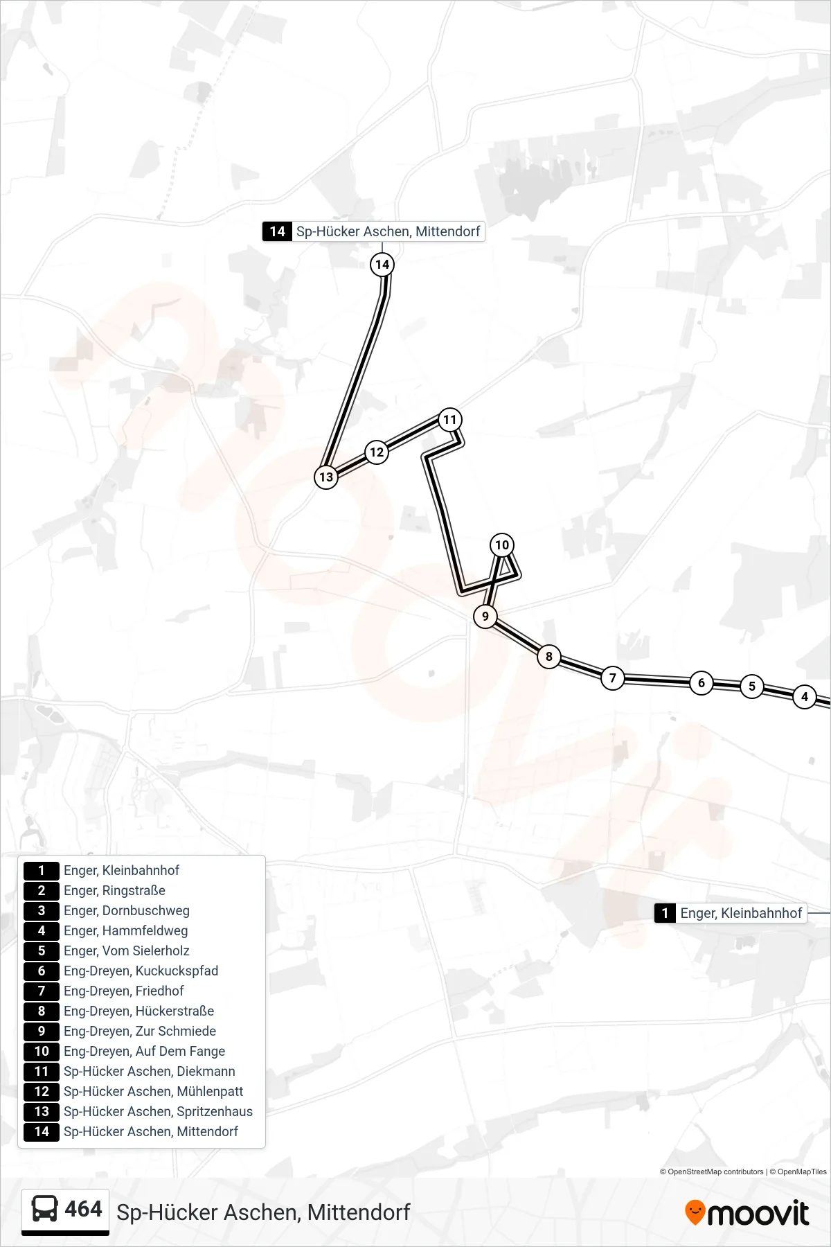 464 bus Line (Sp-Hücker Aschen, Mittendorf) route and stops on a map