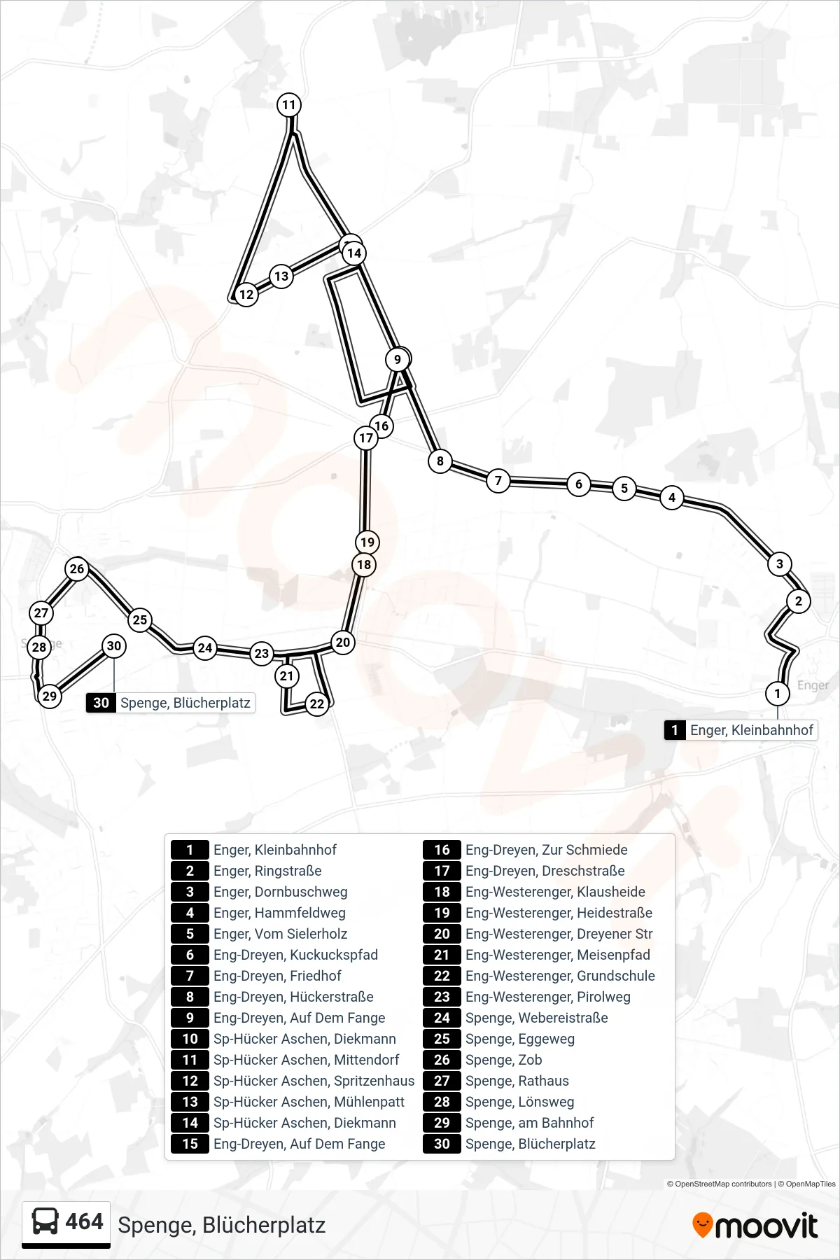 464 bus Line (Spenge, Blücherplatz) route and stops on a map
