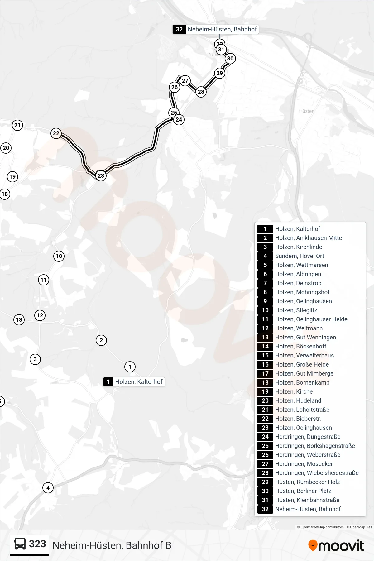 Linie 323 (Bus) Richtung Neheim-Hüsten, Bahnhof B: Route und Haltestellen auf der Karte