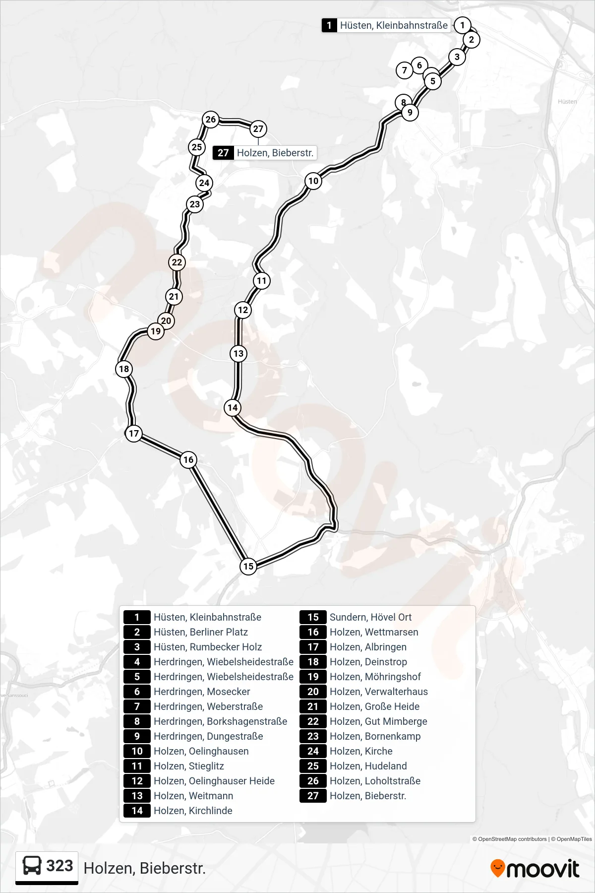 323 bus Line (Holzen, Bieberstr.) route and stops on a map