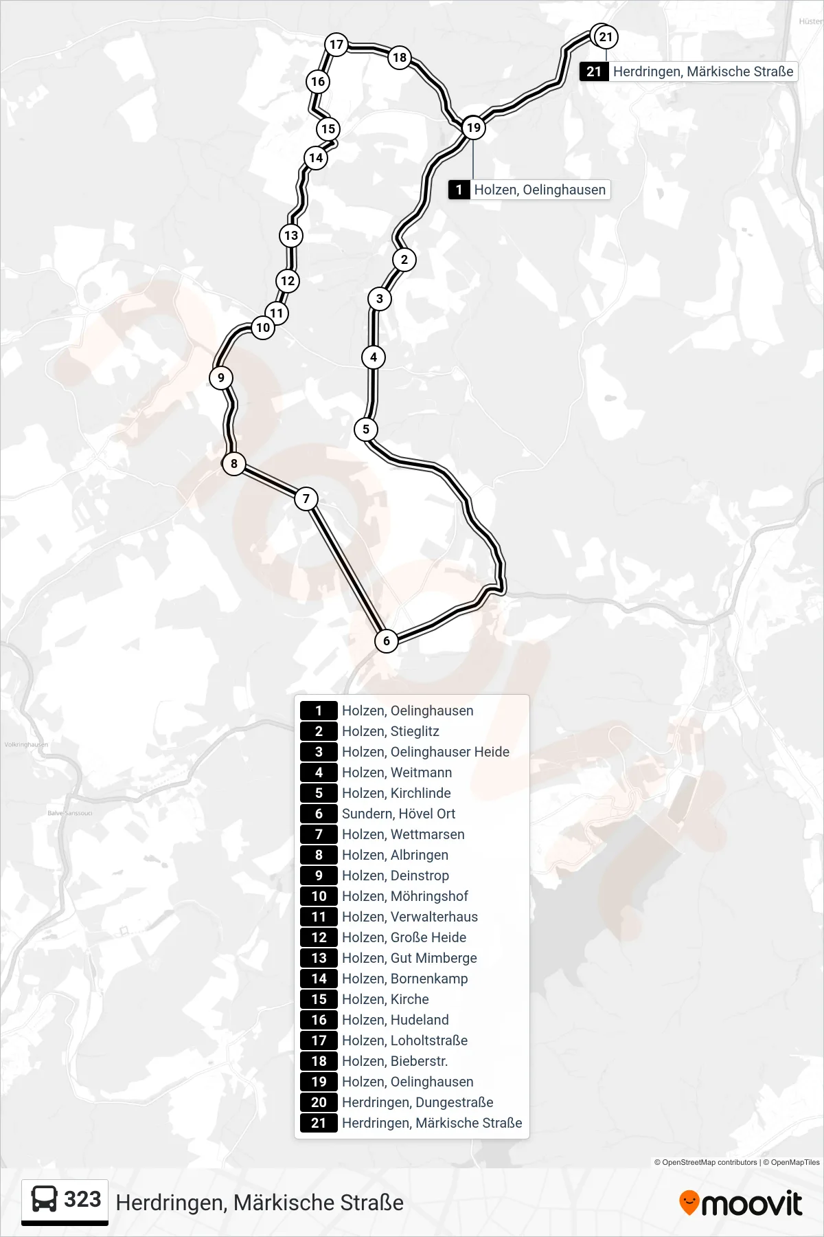 323 bus Line (Herdringen, Märkische Straße) route and stops on a map