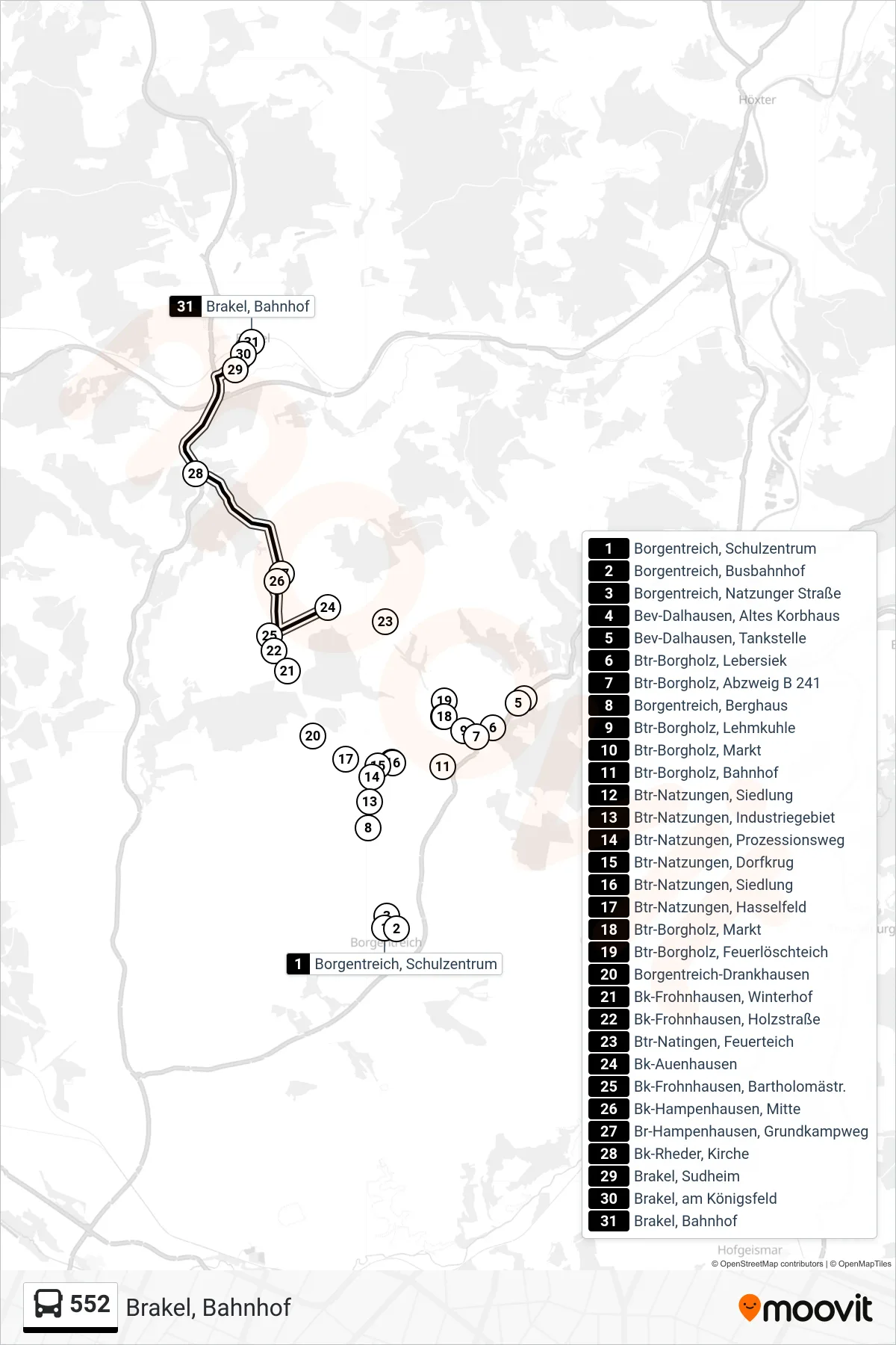 Linie 552 (Bus) Richtung Brakel, Bahnhof: Route und Haltestellen auf der Karte
