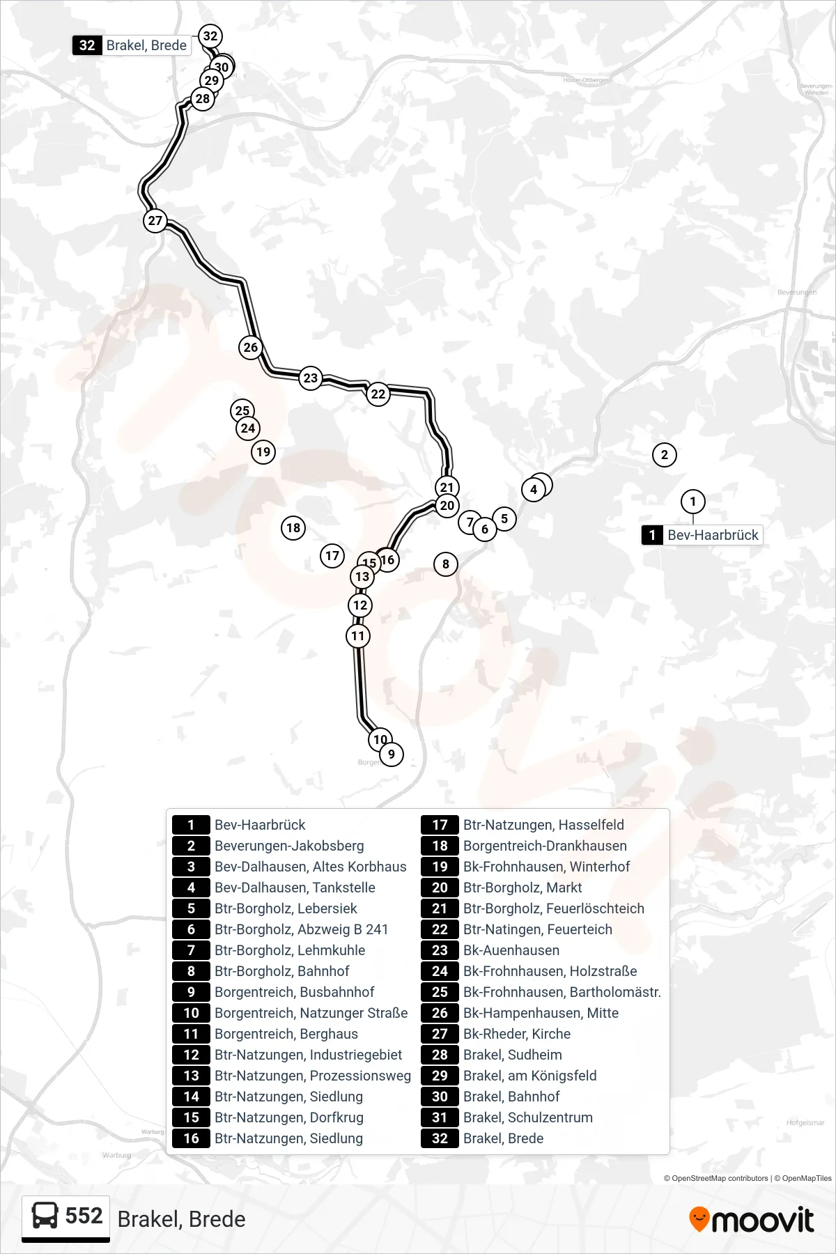 Linie 552 (Bus) Richtung Brakel, Brede: Route und Haltestellen auf der Karte