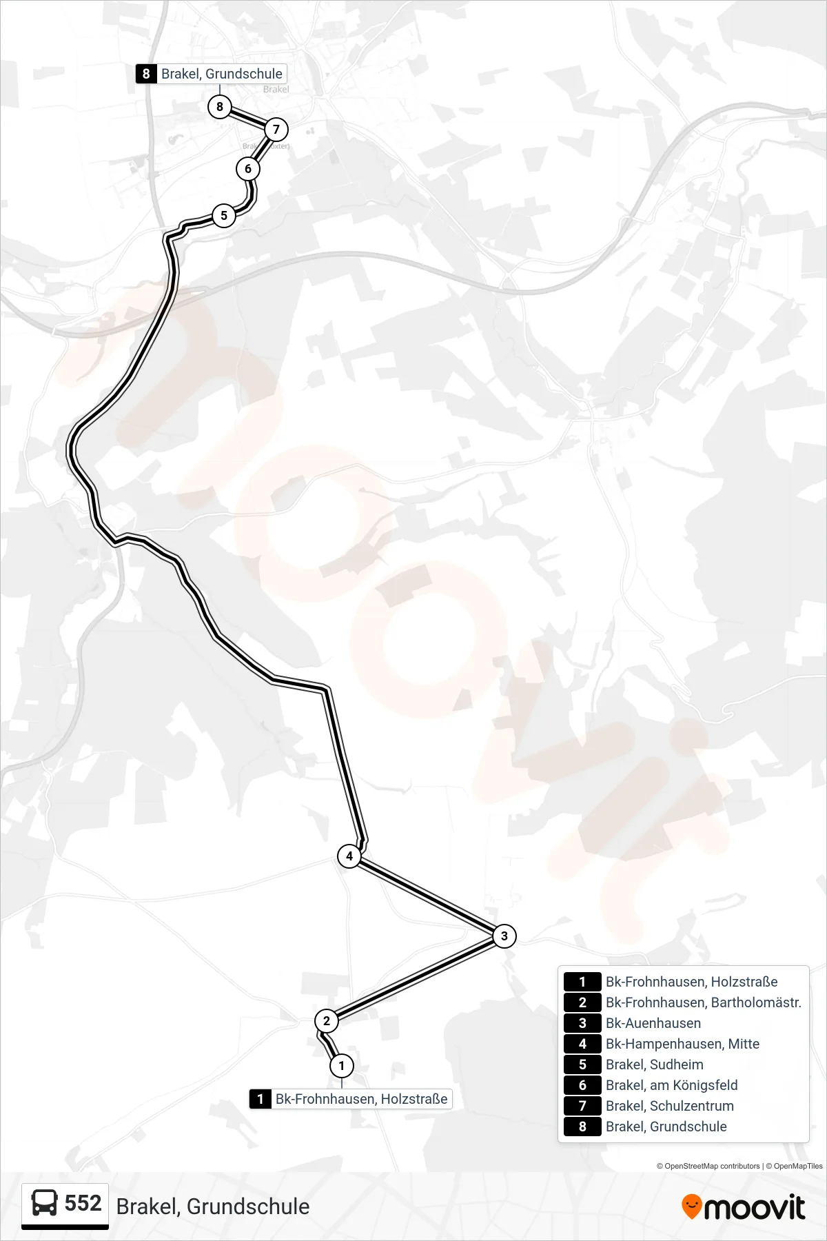 552 bus Line (Brakel, Grundschule) route and stops on a map