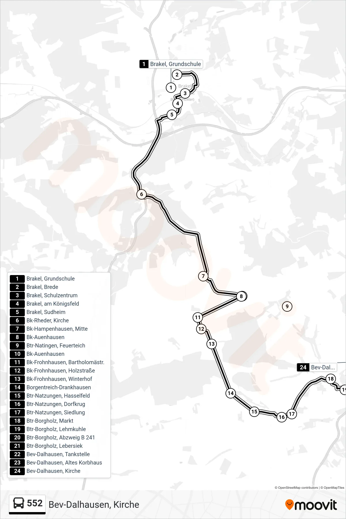 552 bus Line (Bev-Dalhausen, Kirche) route and stops on a map