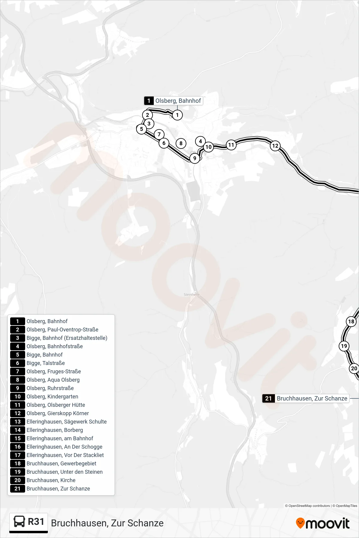 R31 bus Line (Bruchhausen, Zur Schanze) route and stops on a map
