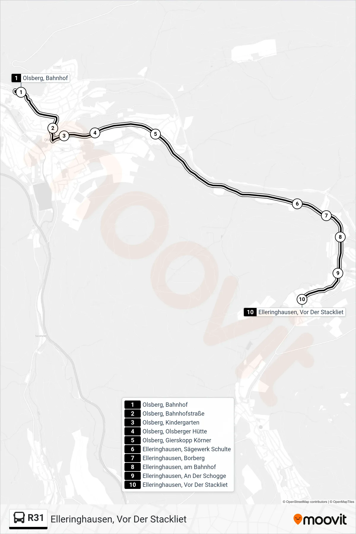 R31 bus Line (Elleringhausen, Vor Der Stackliet) route and stops on a map
