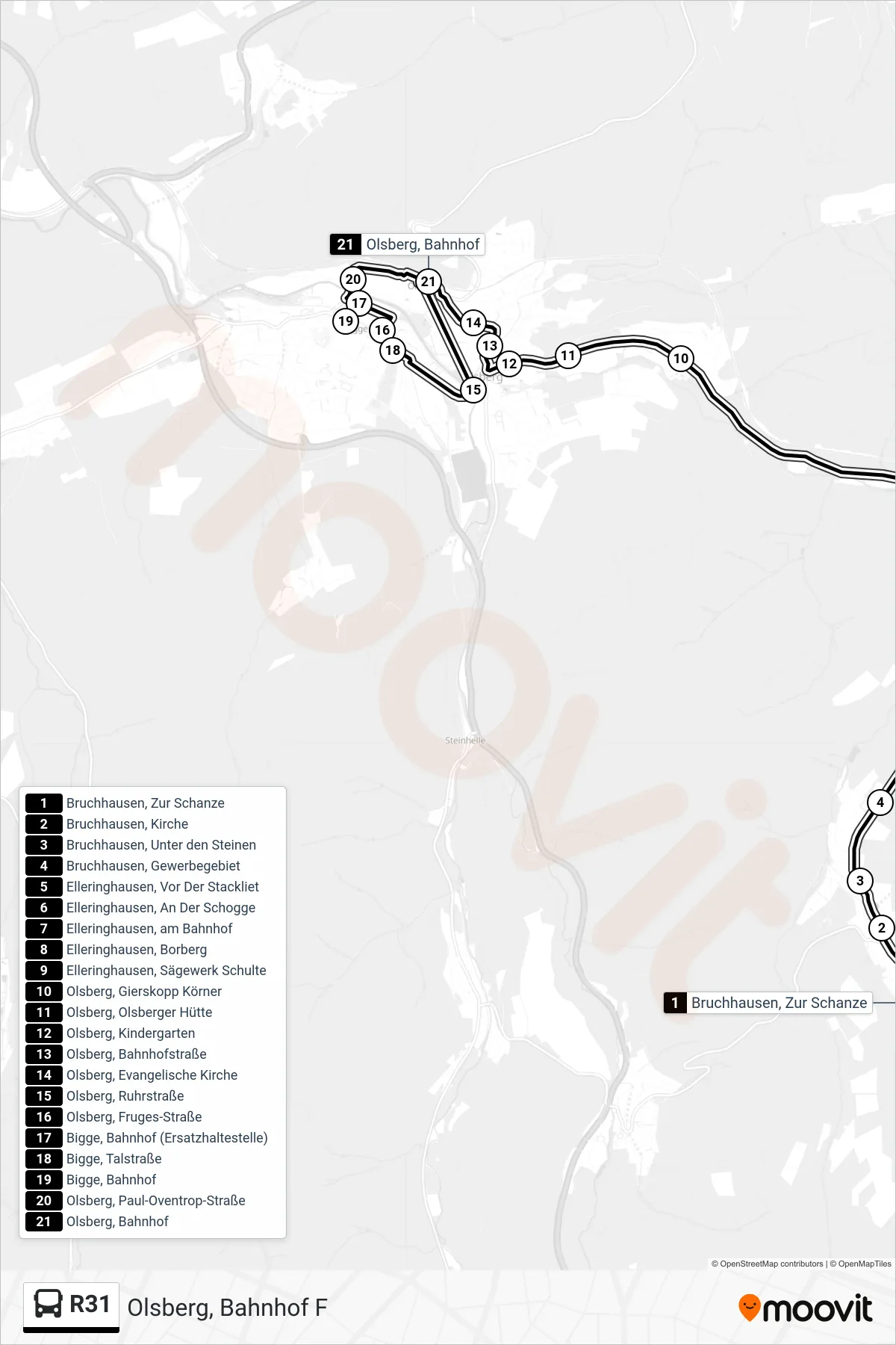 R31 bus Line (Olsberg, Bahnhof F) route and stops on a map