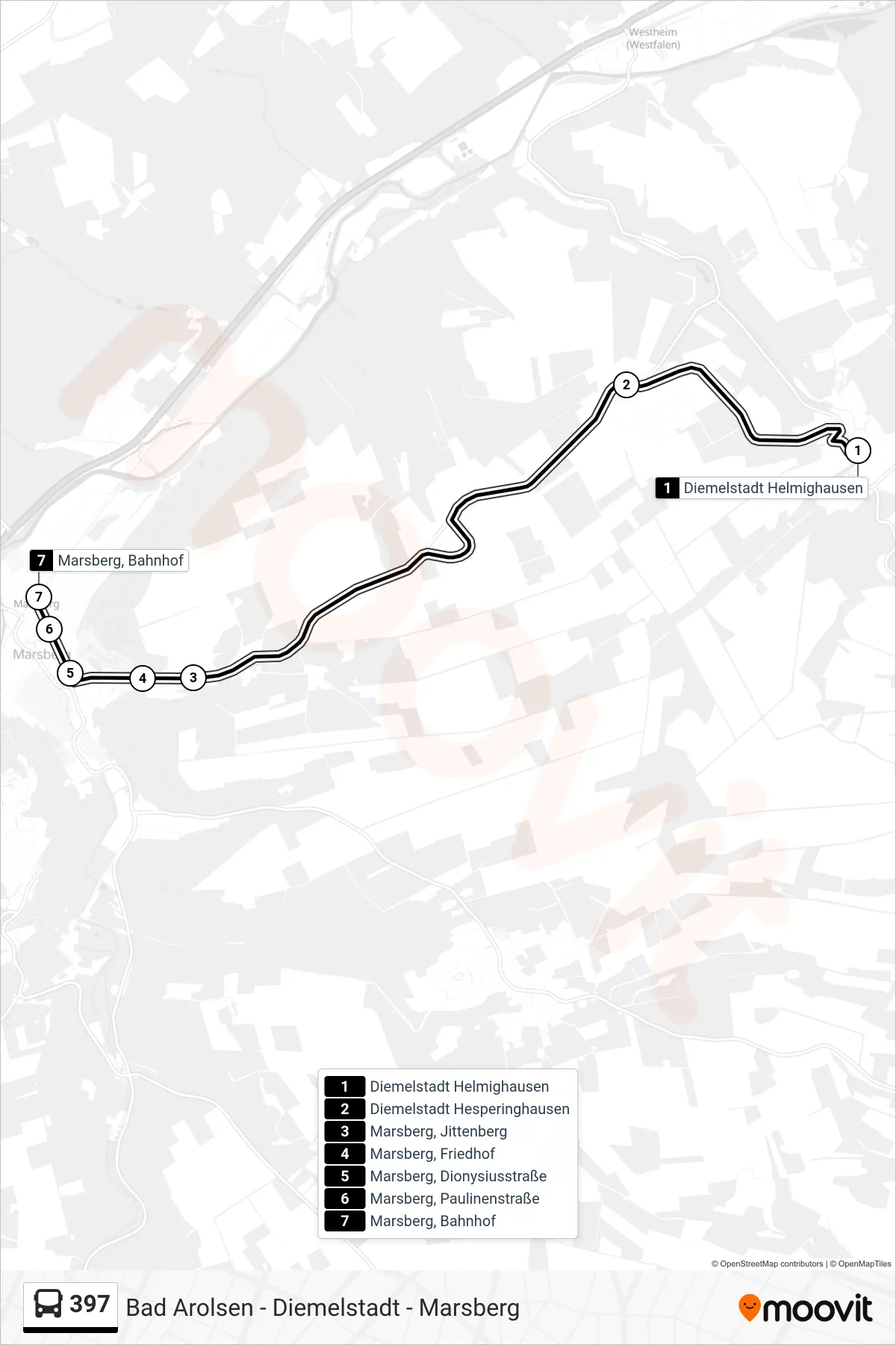 Linie 397 (Bus) Richtung Marsberg: Route und Haltestellen auf der Karte