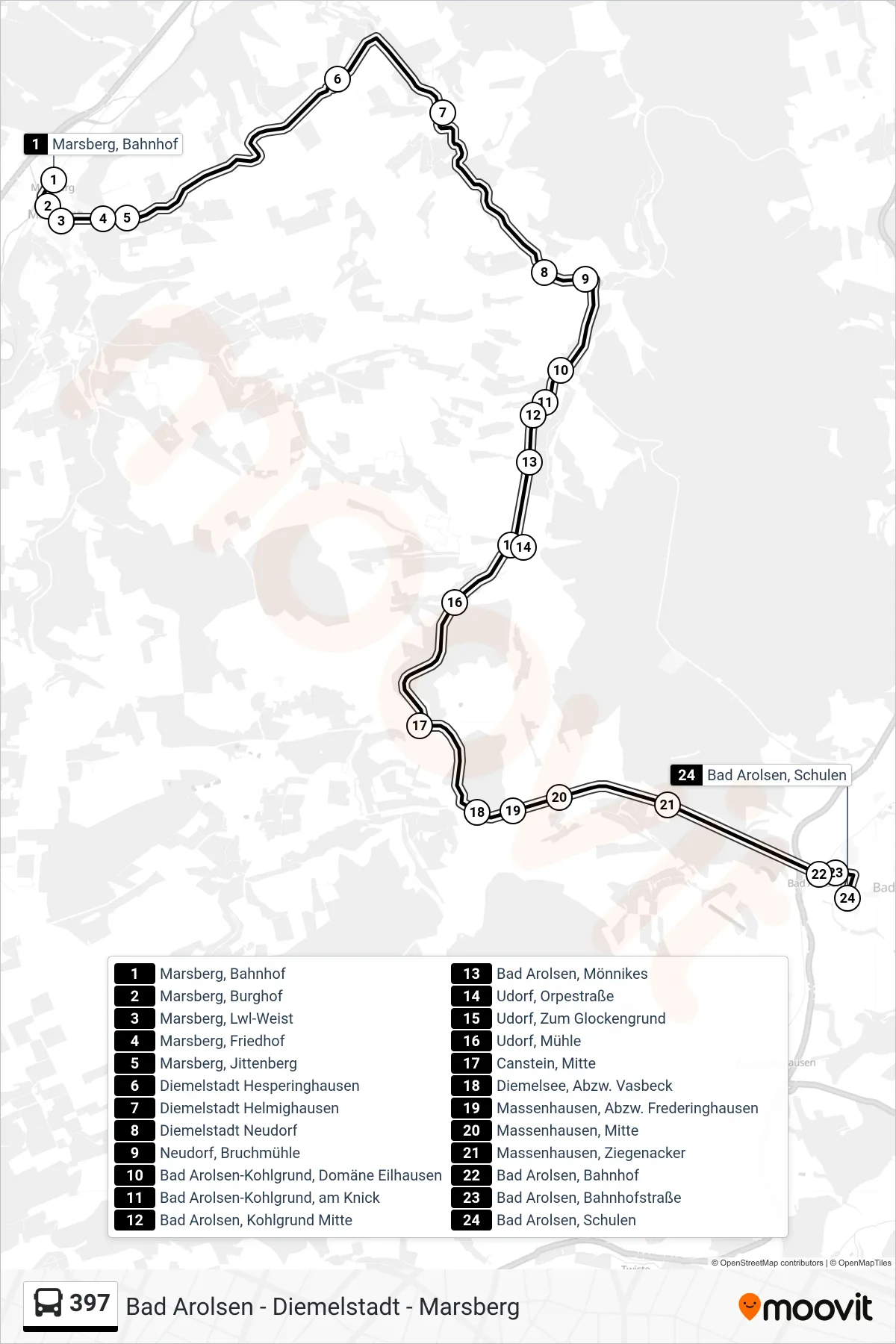 397 bus Line (Bad Arolsen) route and stops on a map