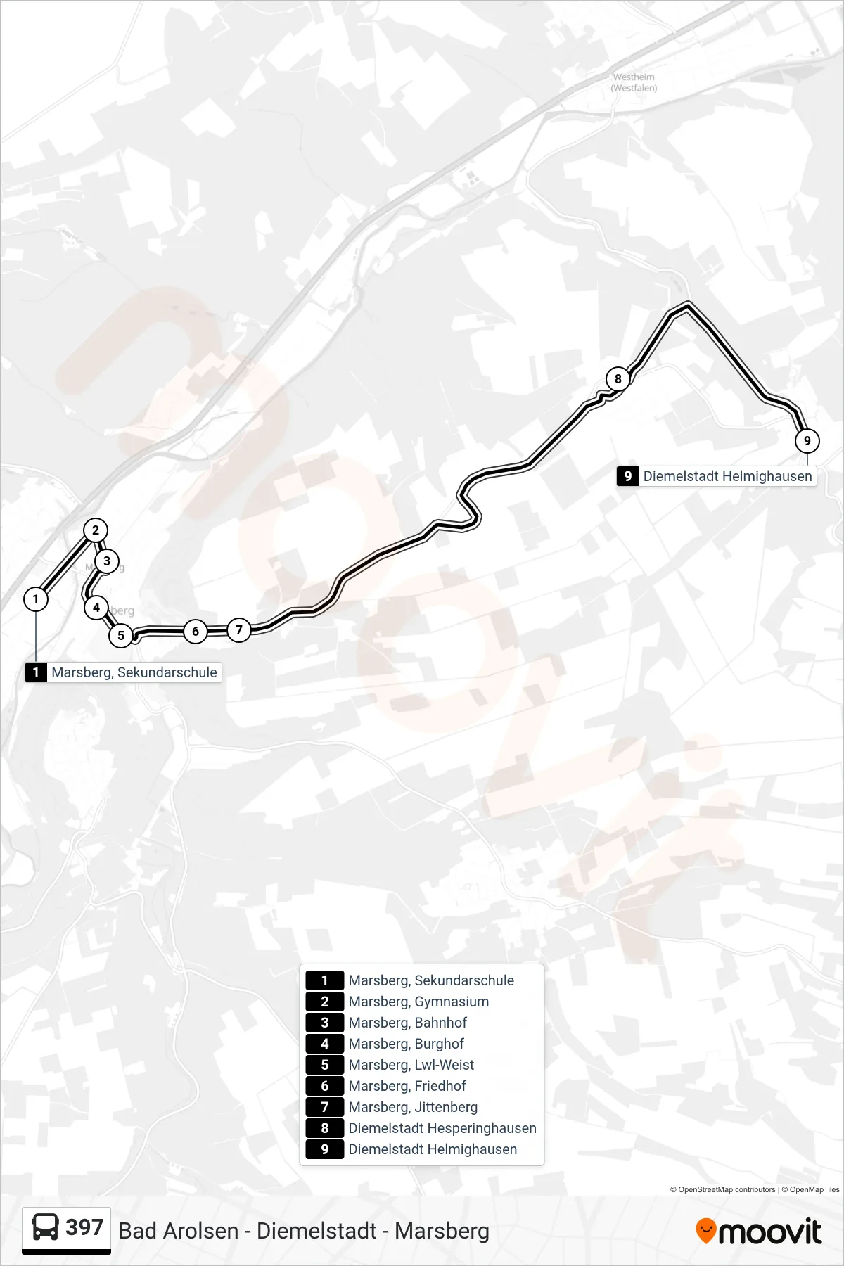 397 bus Line (Helmighausen) route and stops on a map