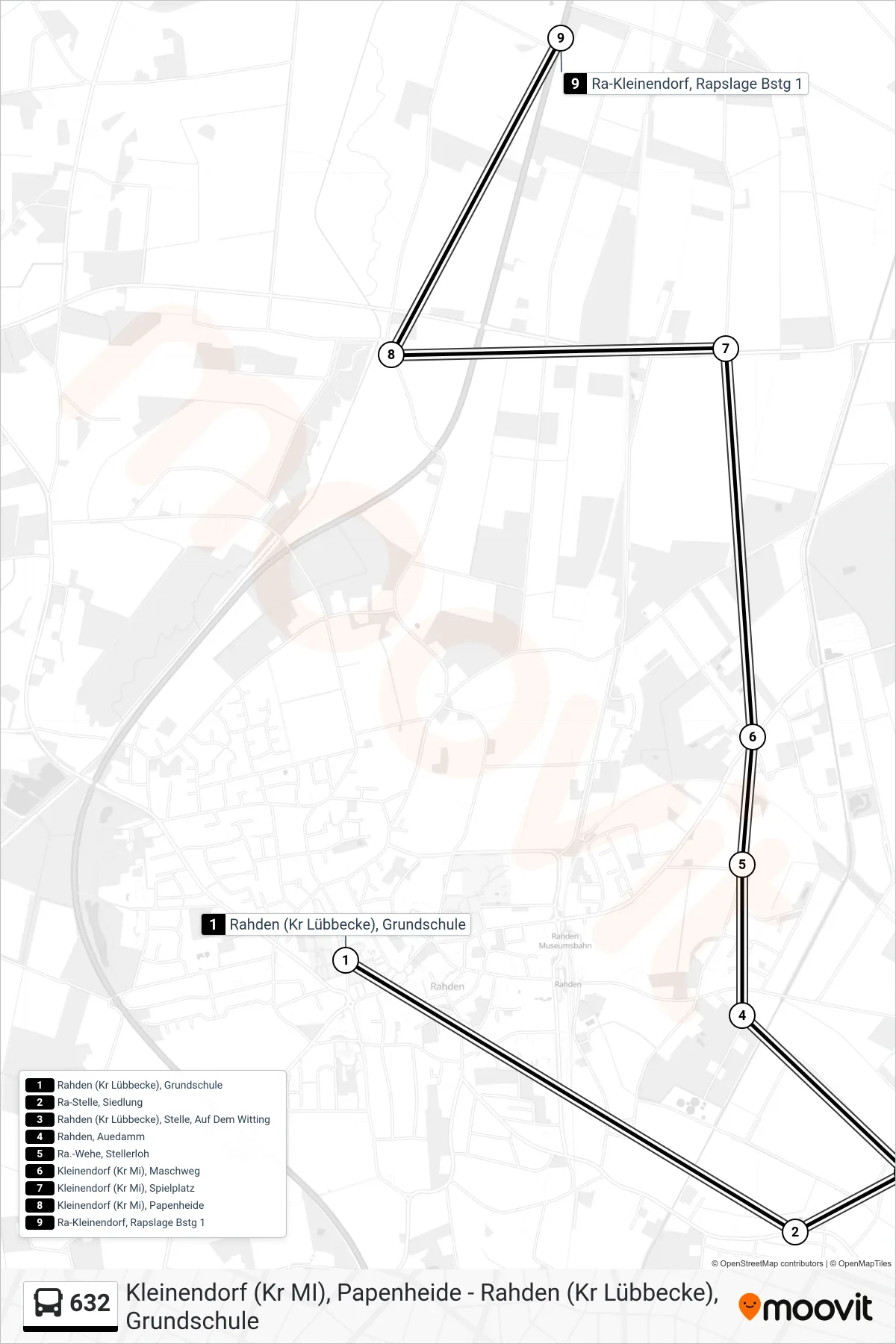 632 bus Line (Rapslage Über Stelle) route and stops on a map
