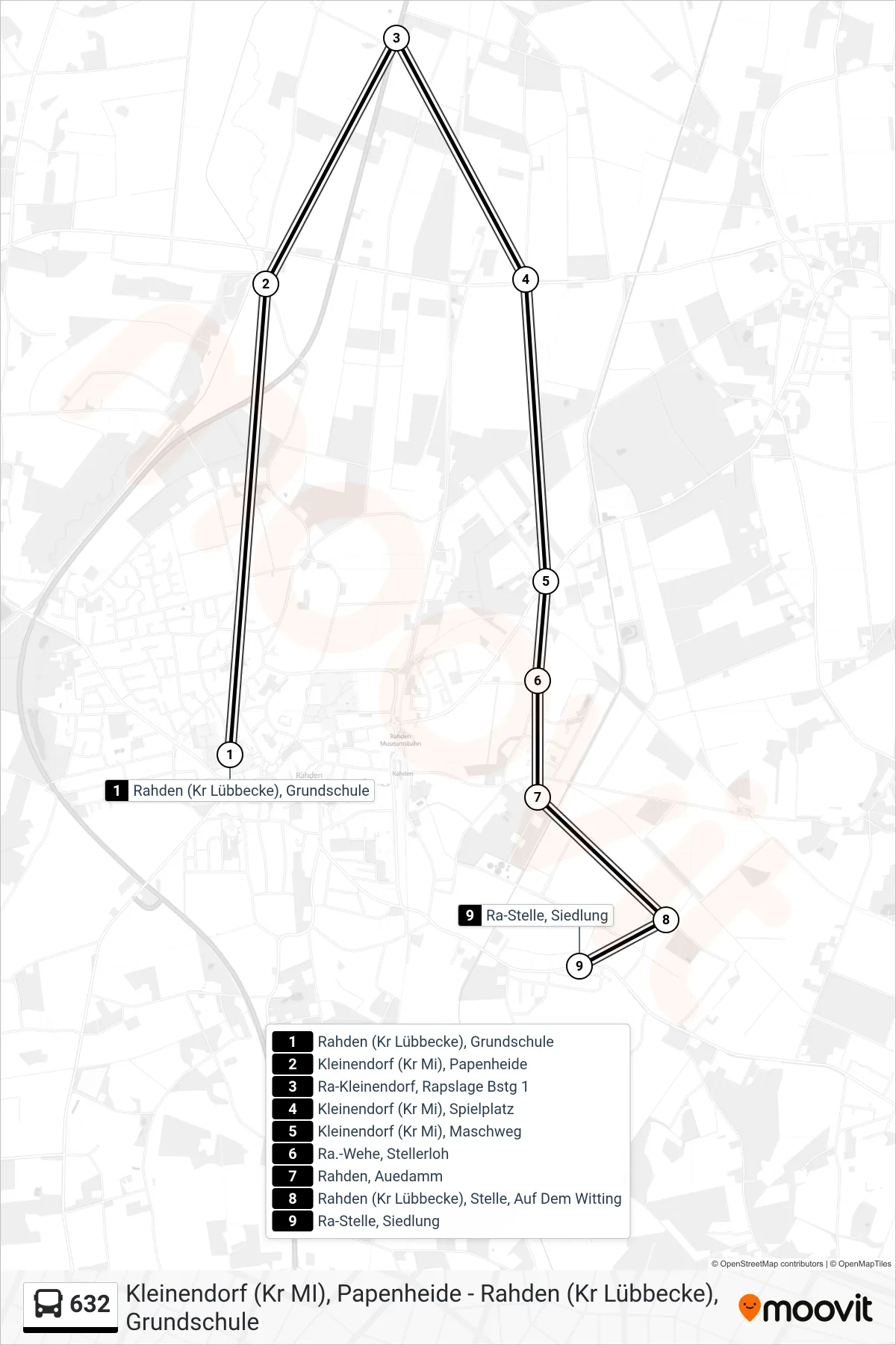 Linie 632 (Bus) Richtung Stelle Siedlung: Route und Haltestellen auf der Karte