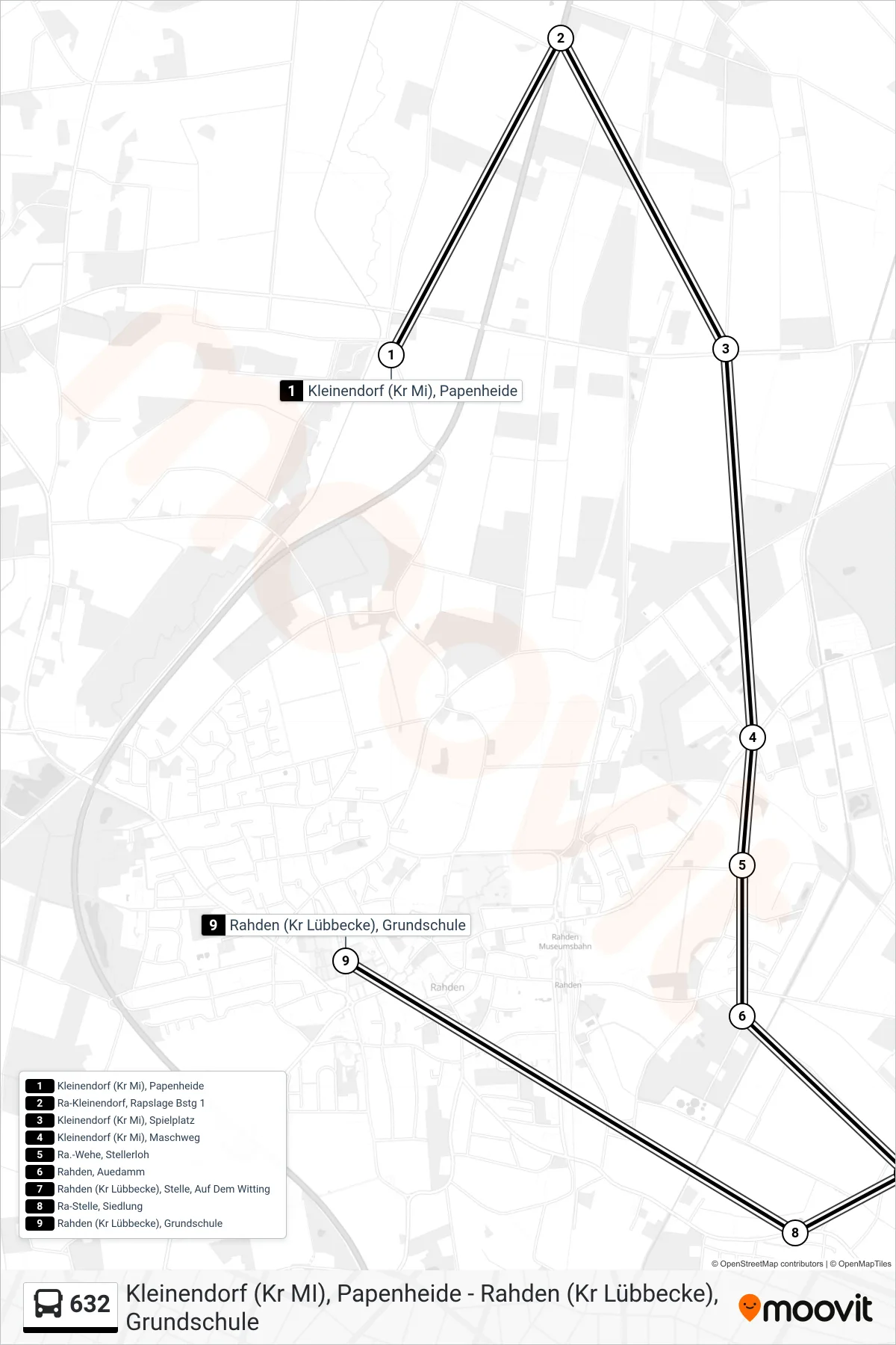 632 bus Line (Rahden Grundschule) route and stops on a map