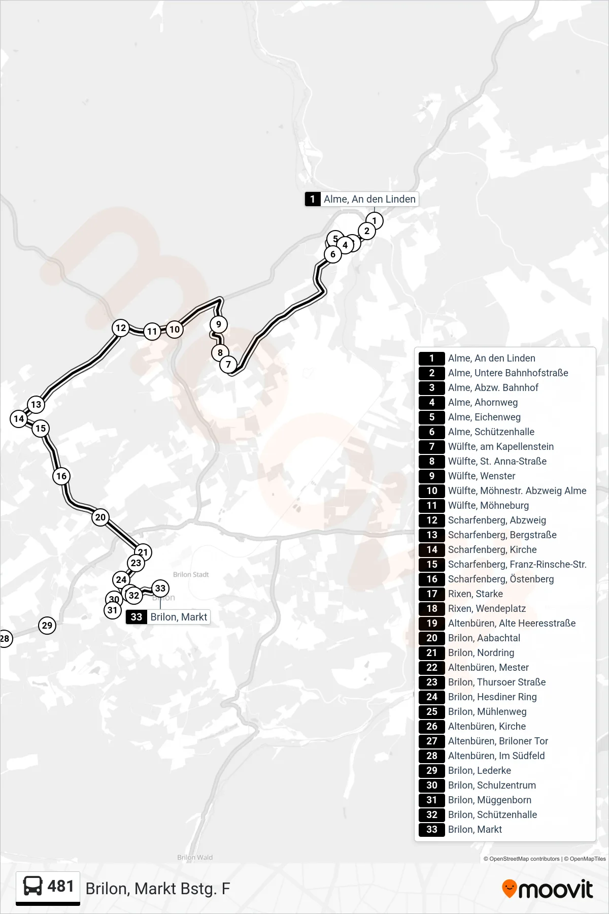 Linie 481 (Bus) Richtung Brilon, Markt Bstg. F: Route und Haltestellen auf der Karte