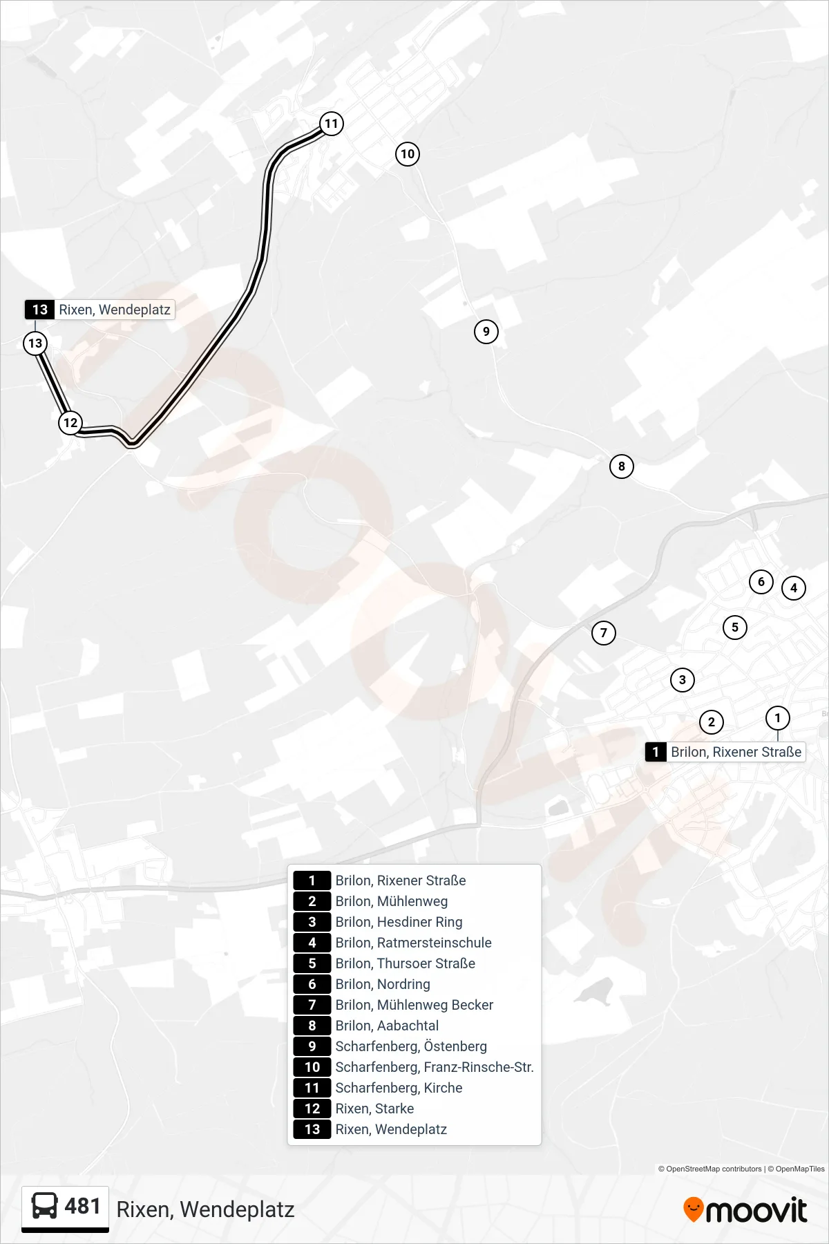 481 bus Line (Rixen, Wendeplatz) route and stops on a map