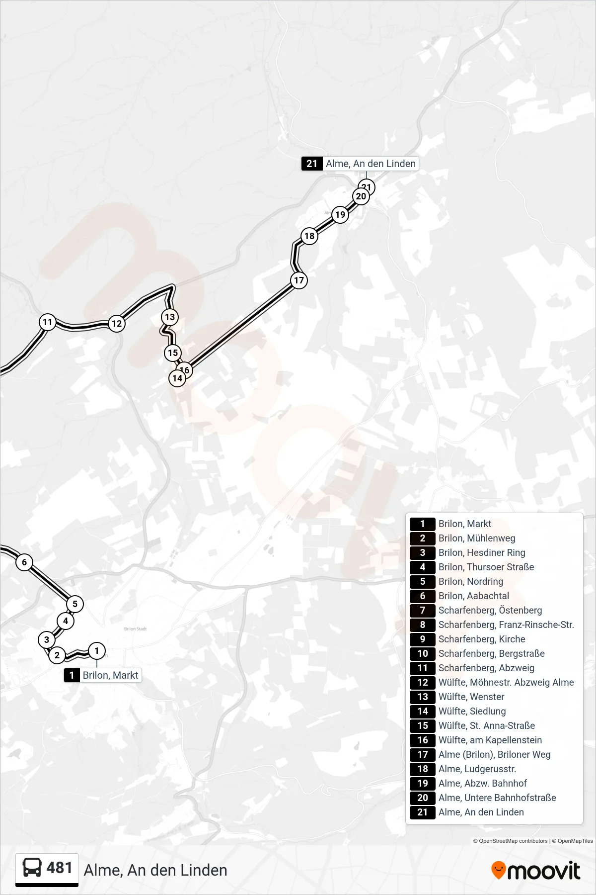Linie 481 (Bus) Richtung Alme, An den Linden: Route und Haltestellen auf der Karte