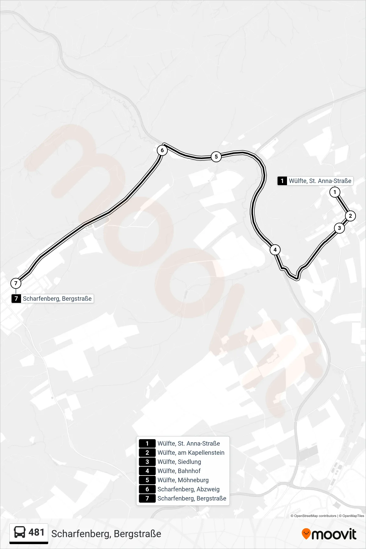 481 bus Line (Scharfenberg, Bergstraße) route and stops on a map