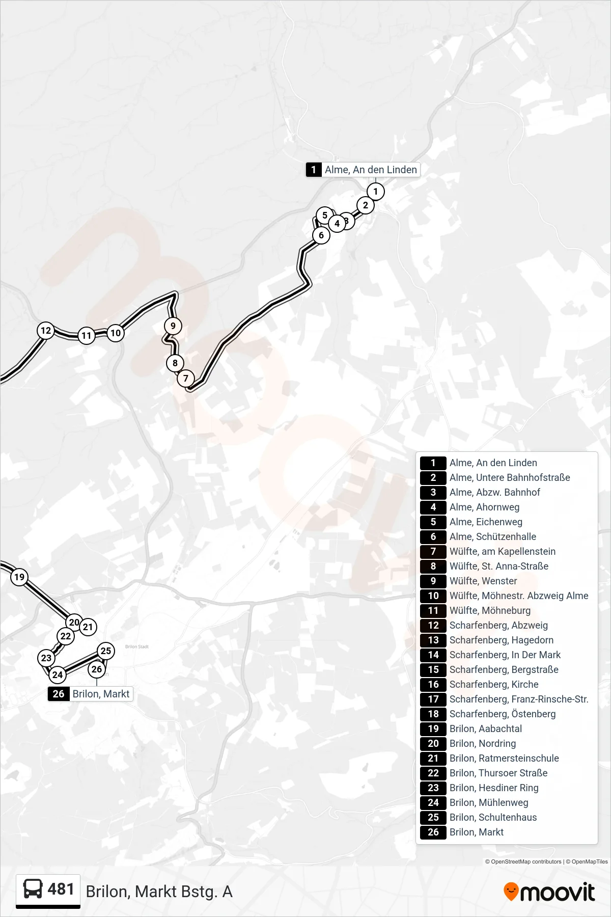 481 bus Line (Brilon, Markt Bstg. A) route and stops on a map