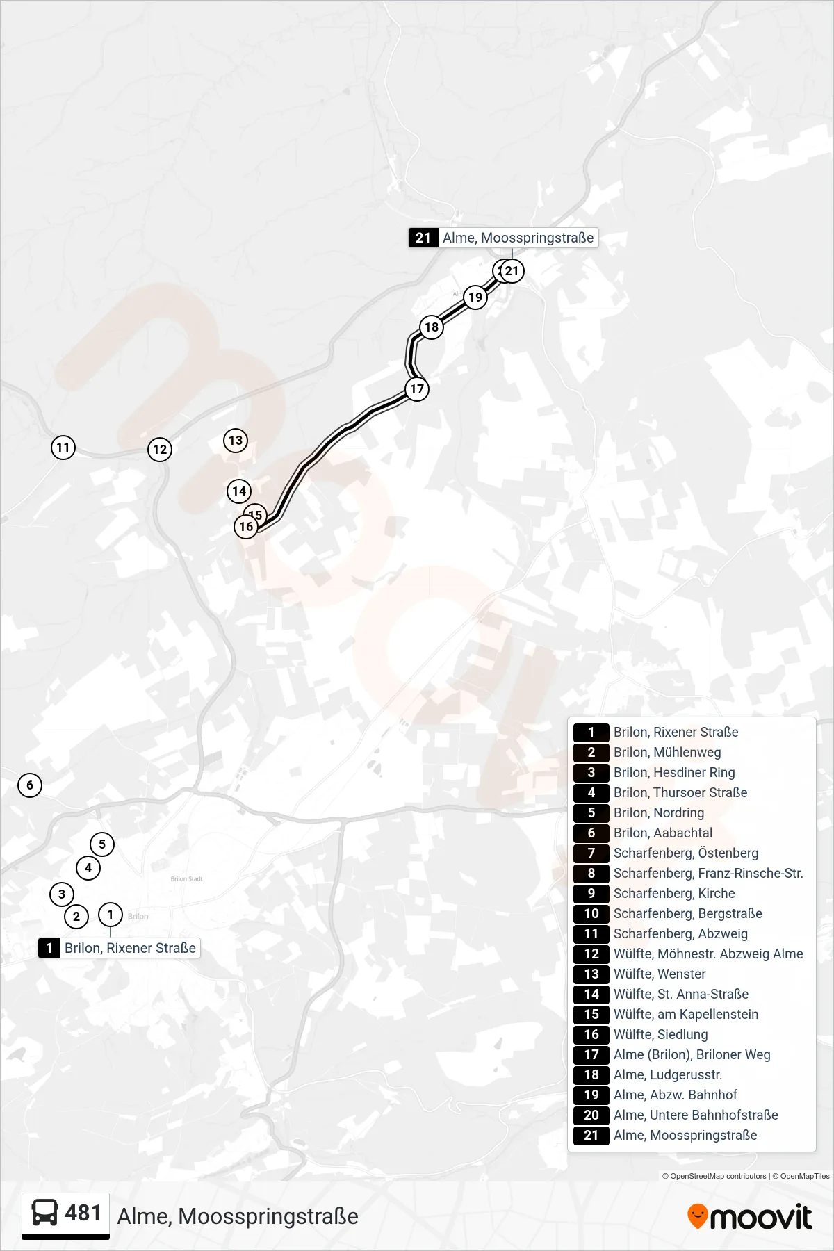 Linie 481 (Bus) Richtung Alme, Moosspringstraße: Route und Haltestellen auf der Karte
