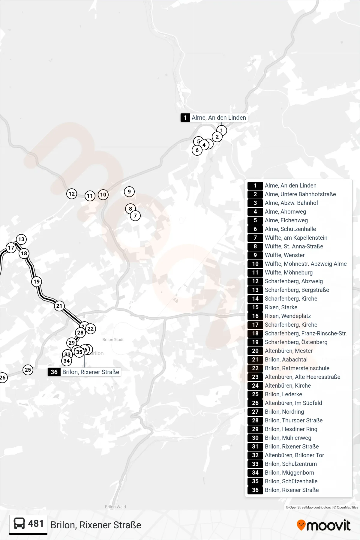 Linie 481 (Bus) Richtung Brilon, Rixener Straße: Route und Haltestellen auf der Karte