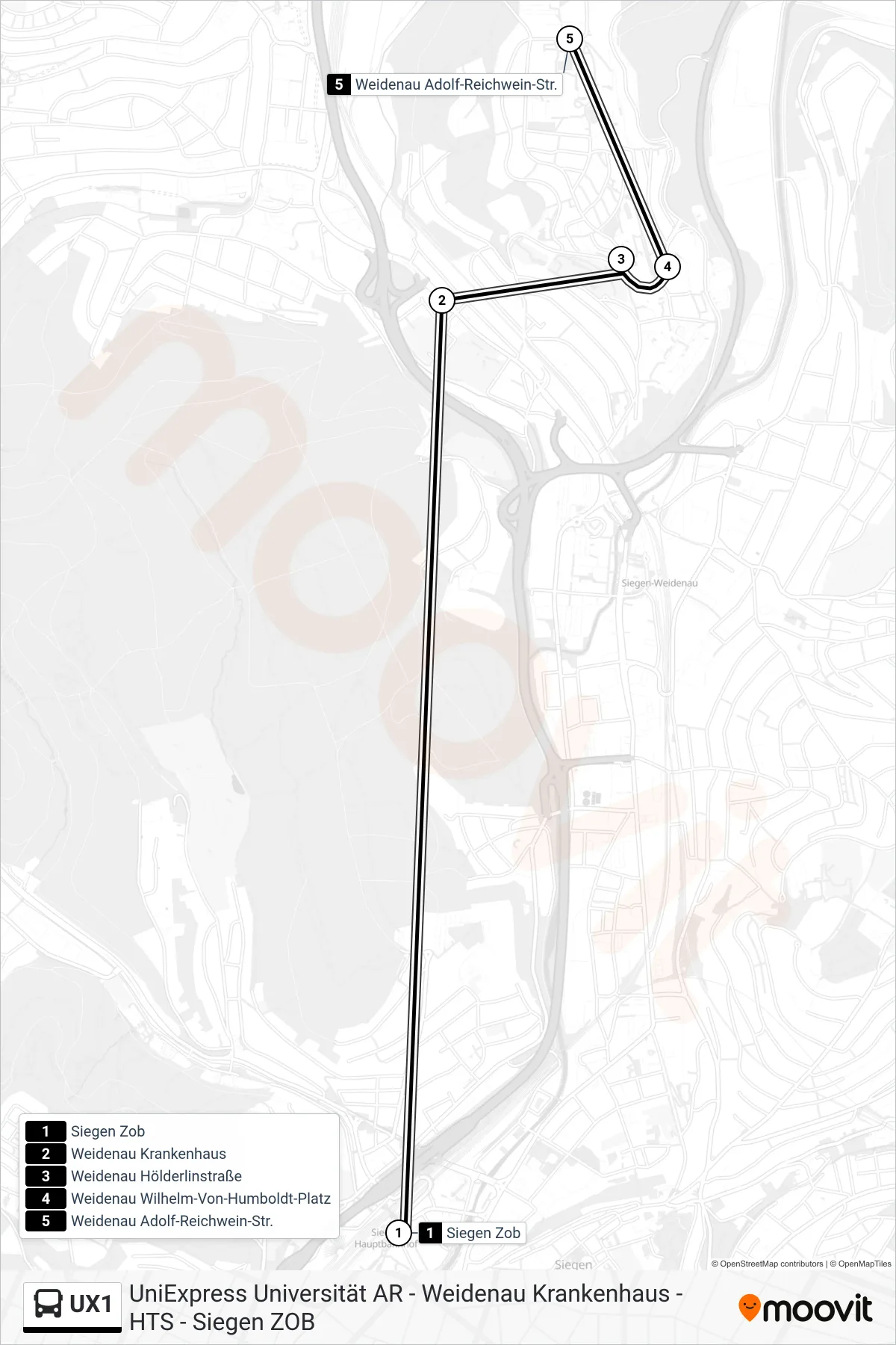UX1 bus Line (Weidenau Adolf-Reichwein-Str.) route and stops on a map