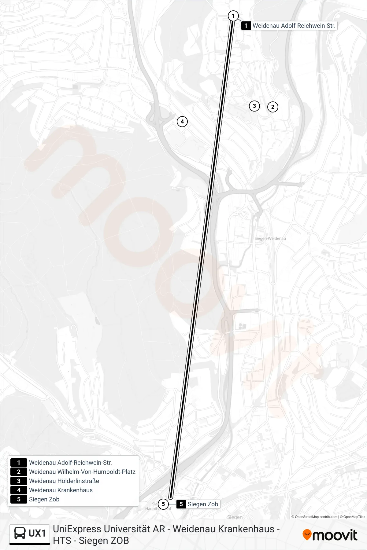 Linie UX1 (Bus) Richtung Siegen Zob Bstg A: Route und Haltestellen auf der Karte